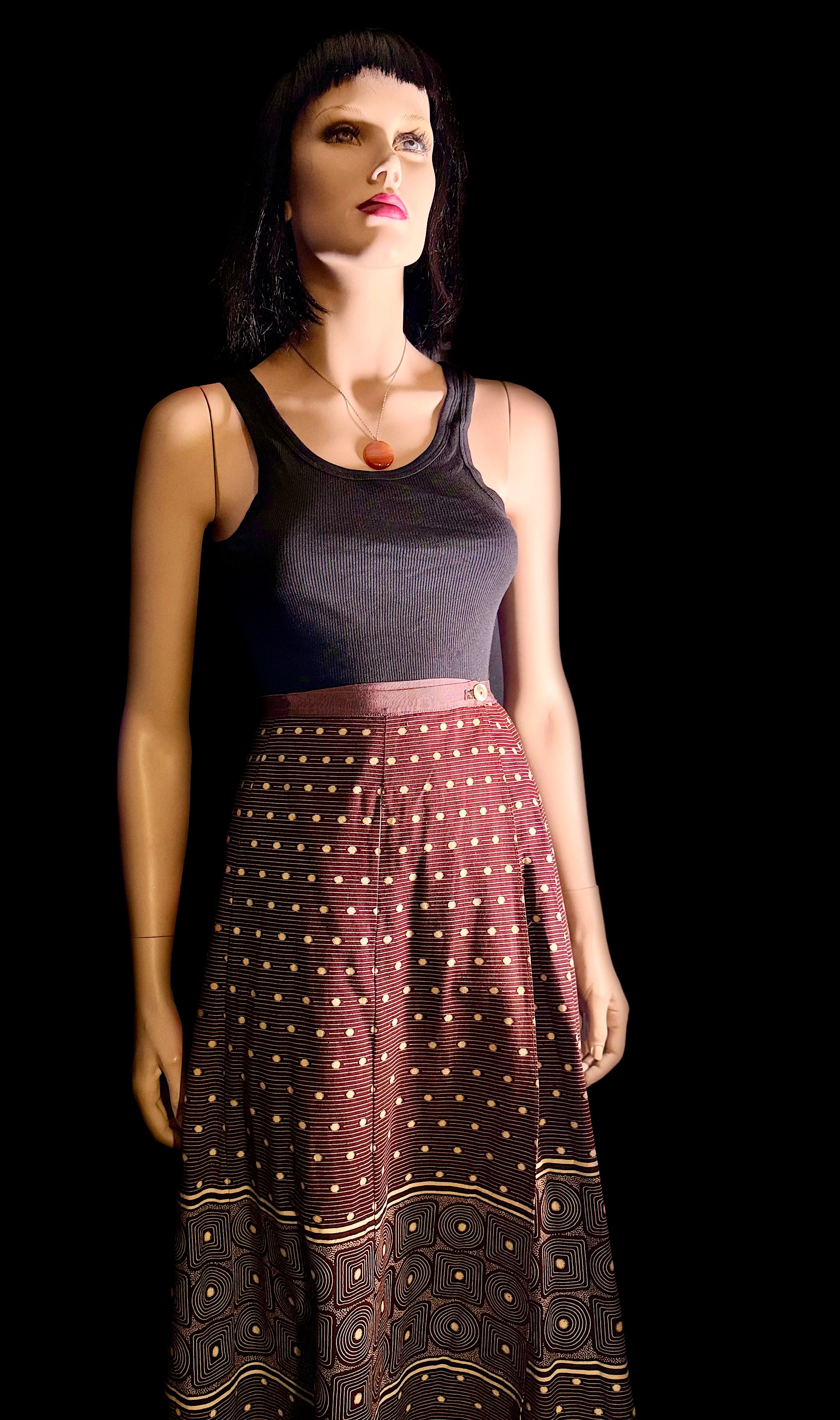 1970s Graphic Wrap Skirt with Geometric Border Print