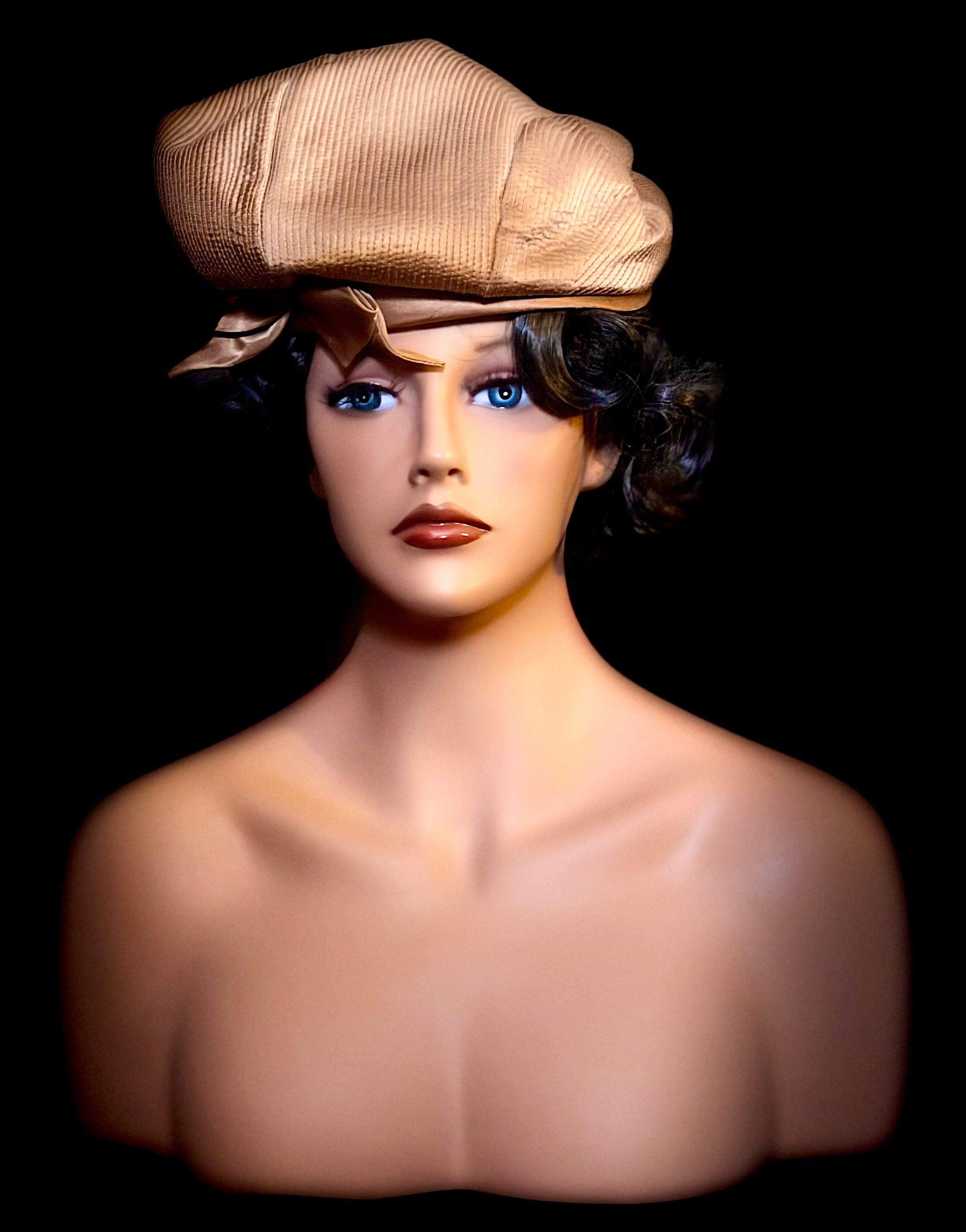 Vintage 1940s-50s Draped Turban Hat - Gold Satin & Faille