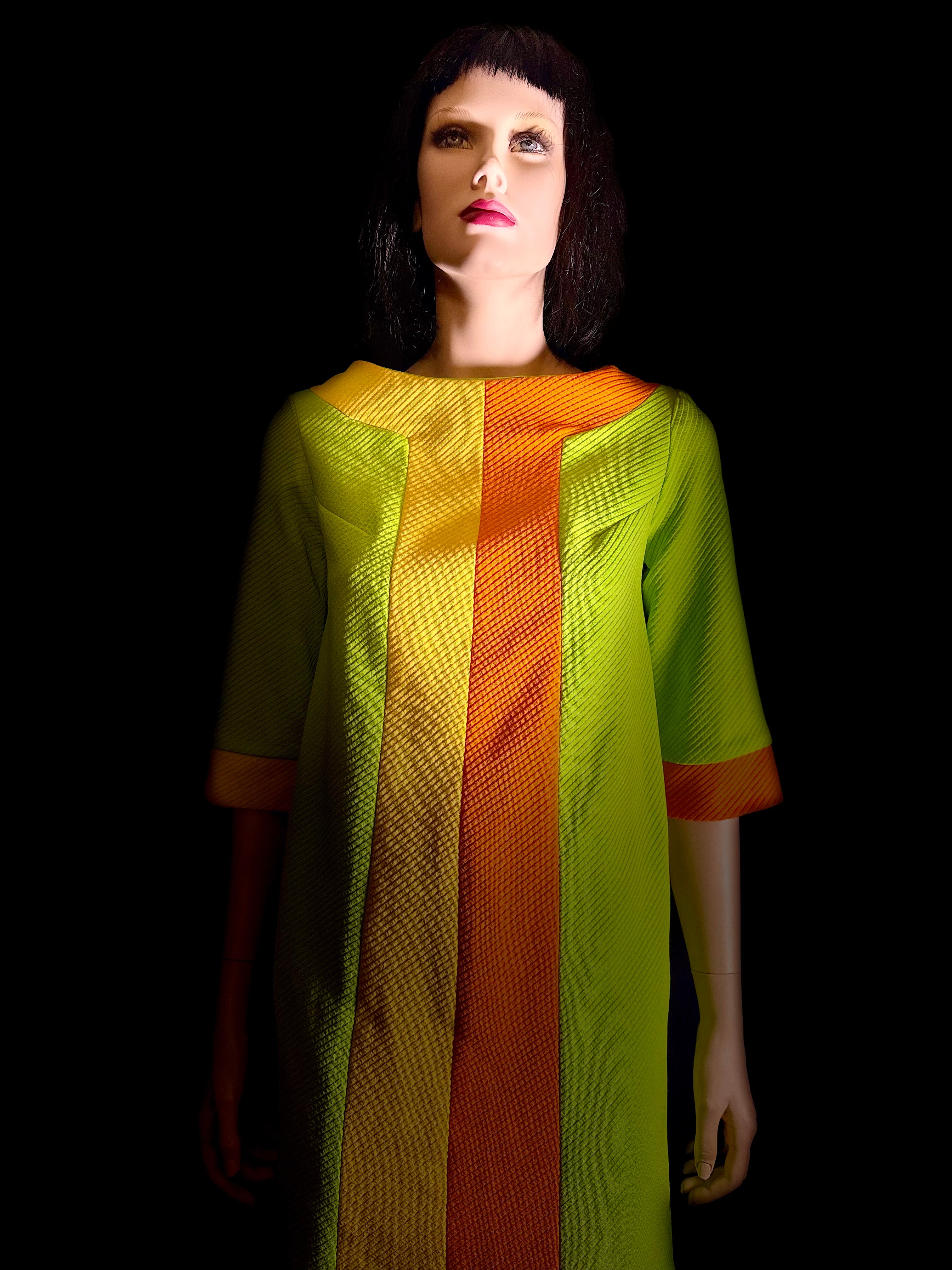 1960s Mod Graphic Stripe Shift Dress - Lime, Yellow and Tangerine