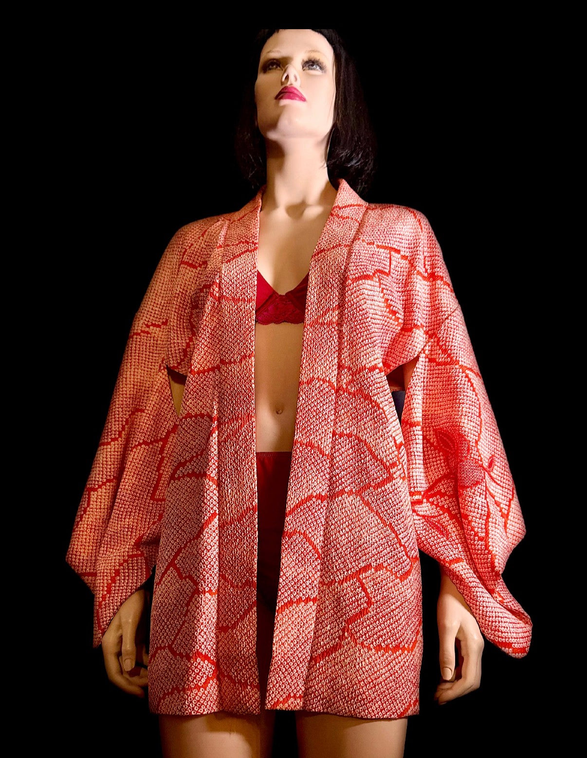 Vintage Japanese Hand-Shibori Silk Kimono Jacket - Red with Embroidered Florals
