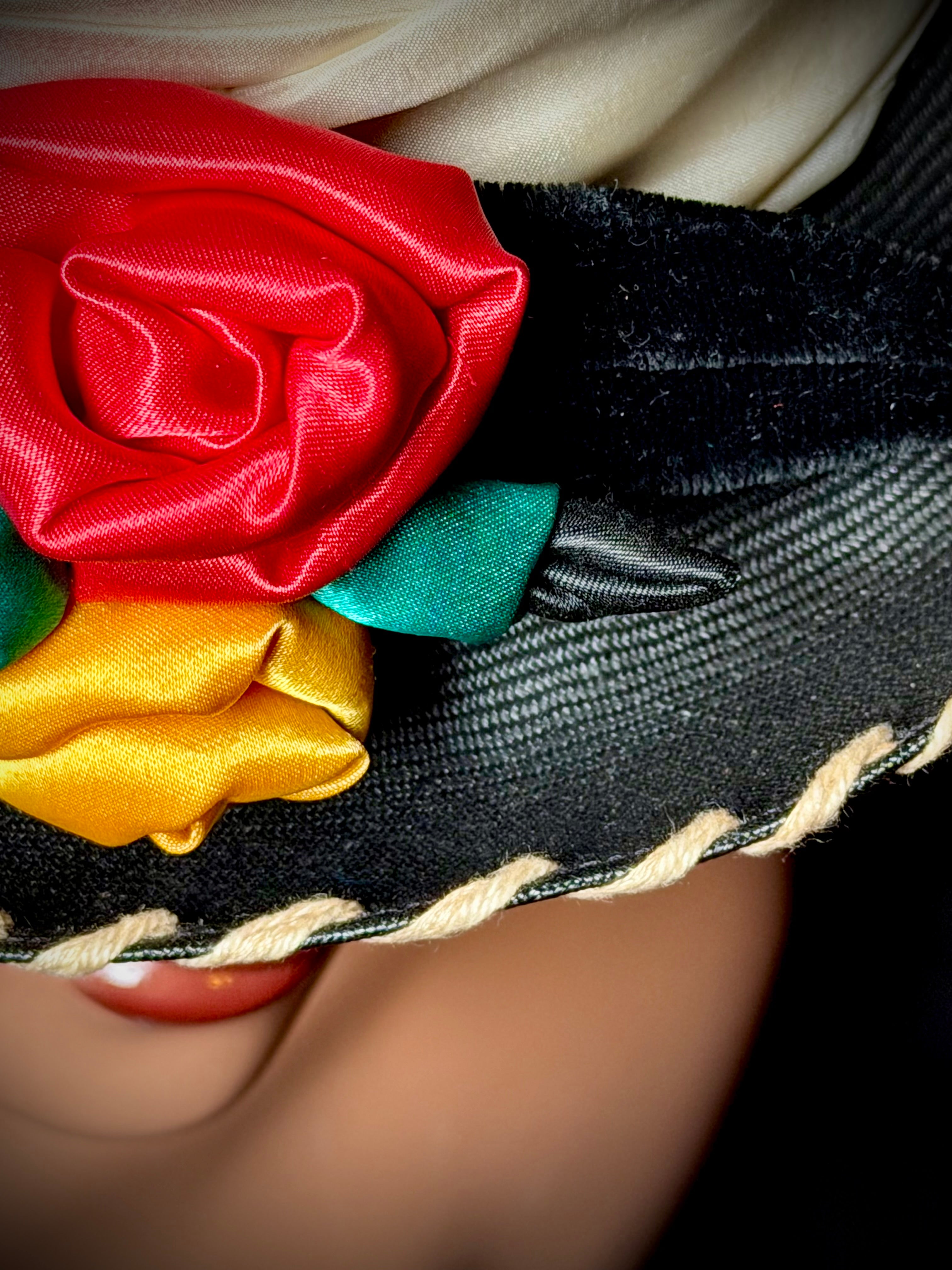 Exceptional Mid-Century Sculptural Hat - Black Structured Crown with Velvet and Satin Roses