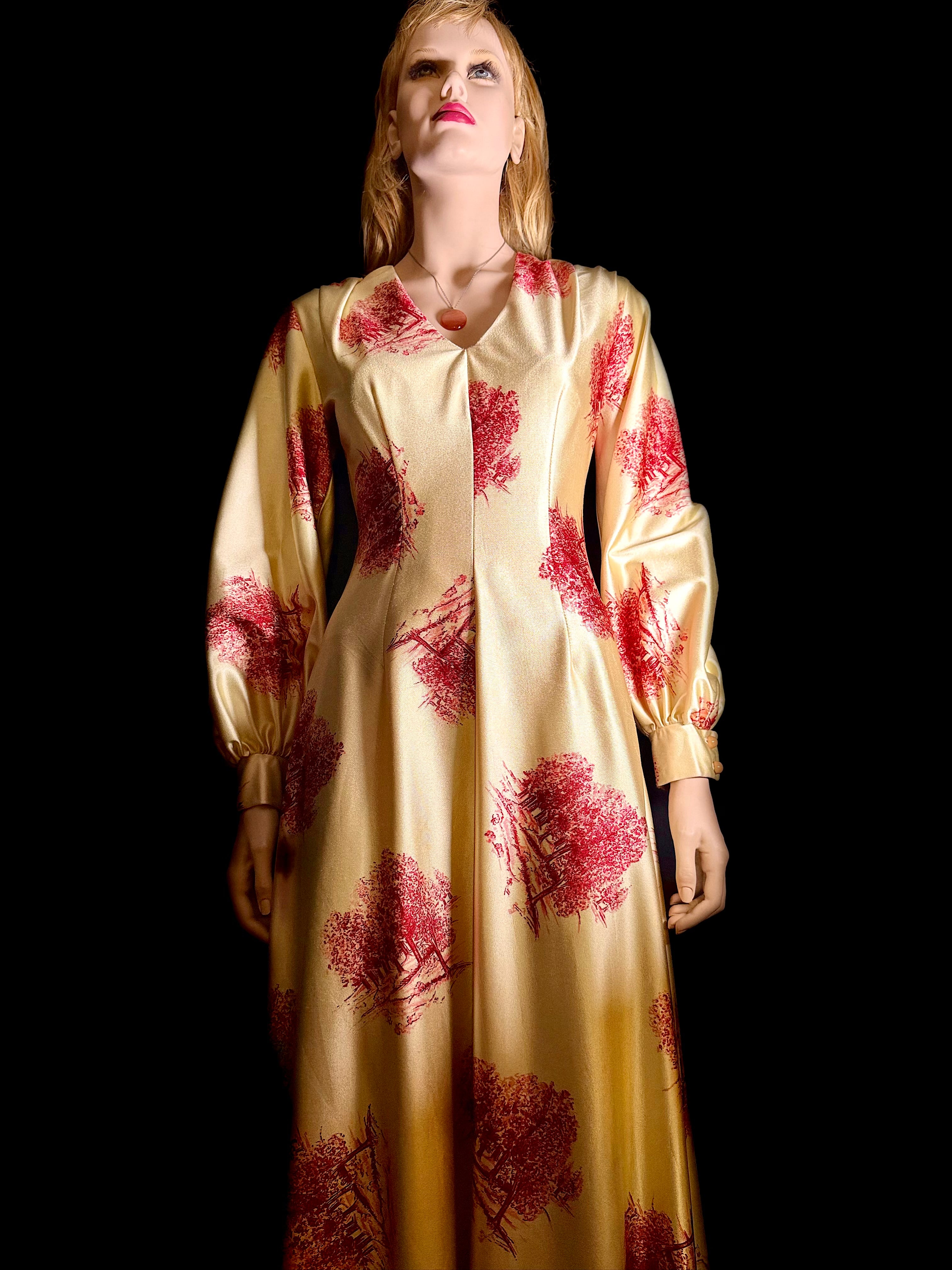Vintage 1970s Golden Toile Evening Gown – Balloon Sleeves, Full Length