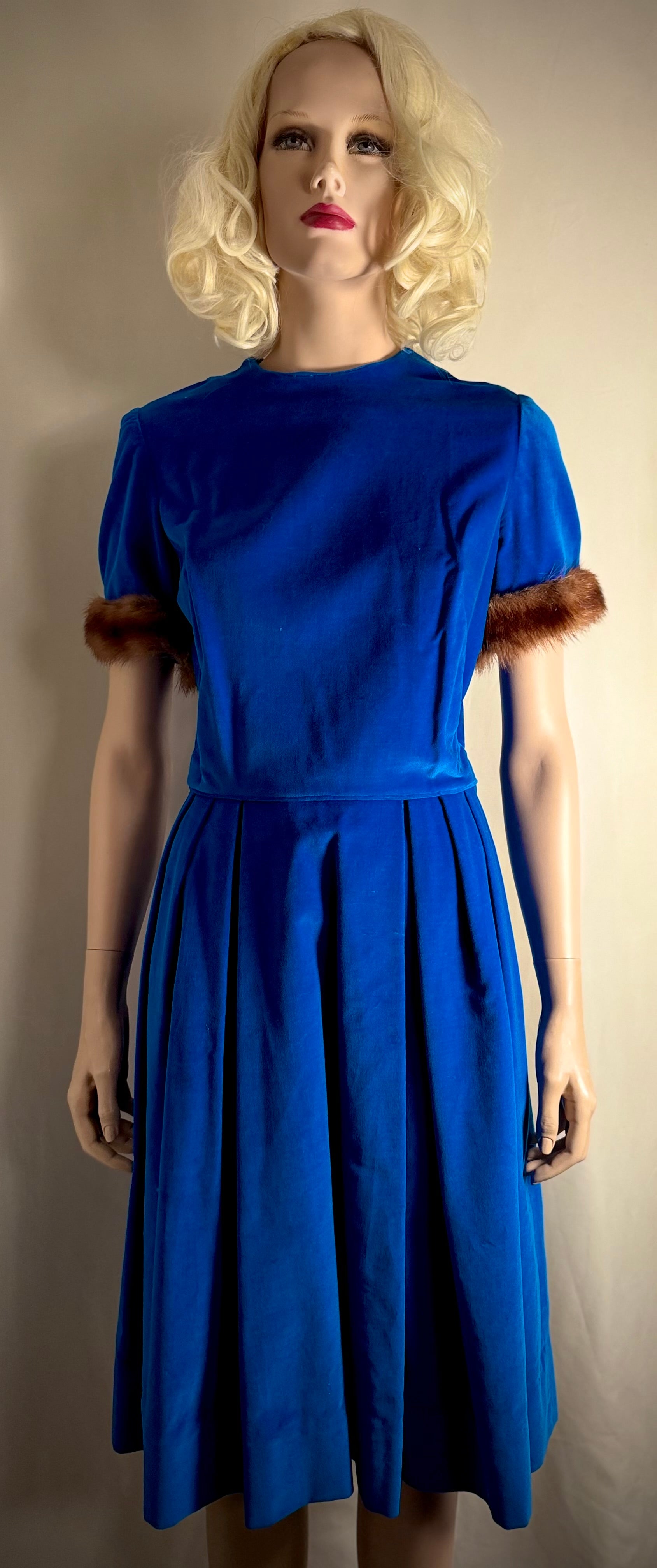 1960s Royal Blue Velvet Dress with Fur-Trimmed Sleeves