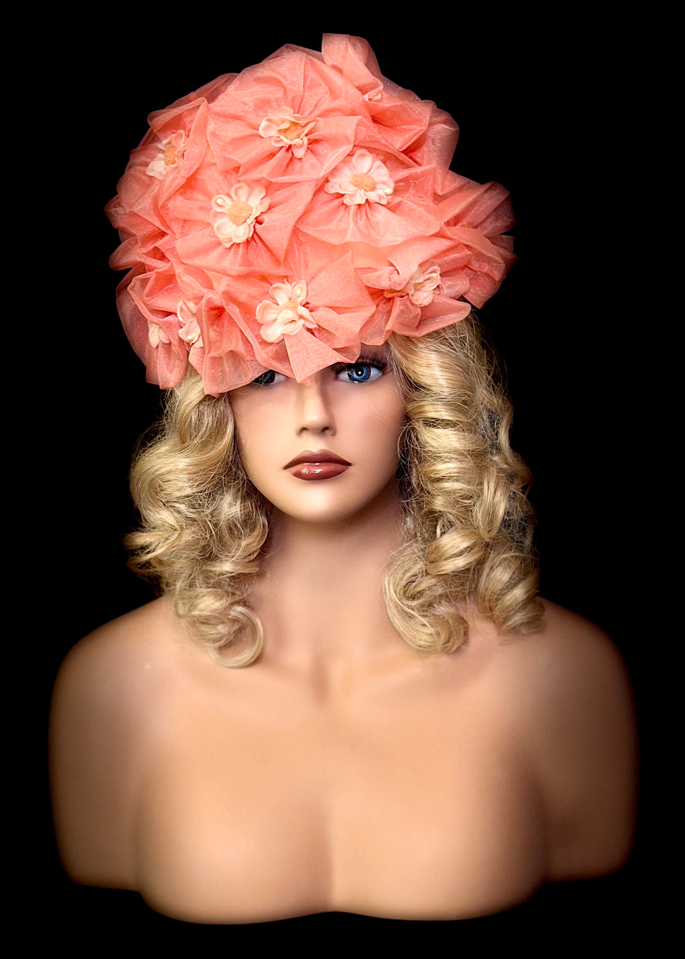 Vintage Couture Coral Floral Statement Hat - Sculptural Organza Petal Hat with Pearl Details