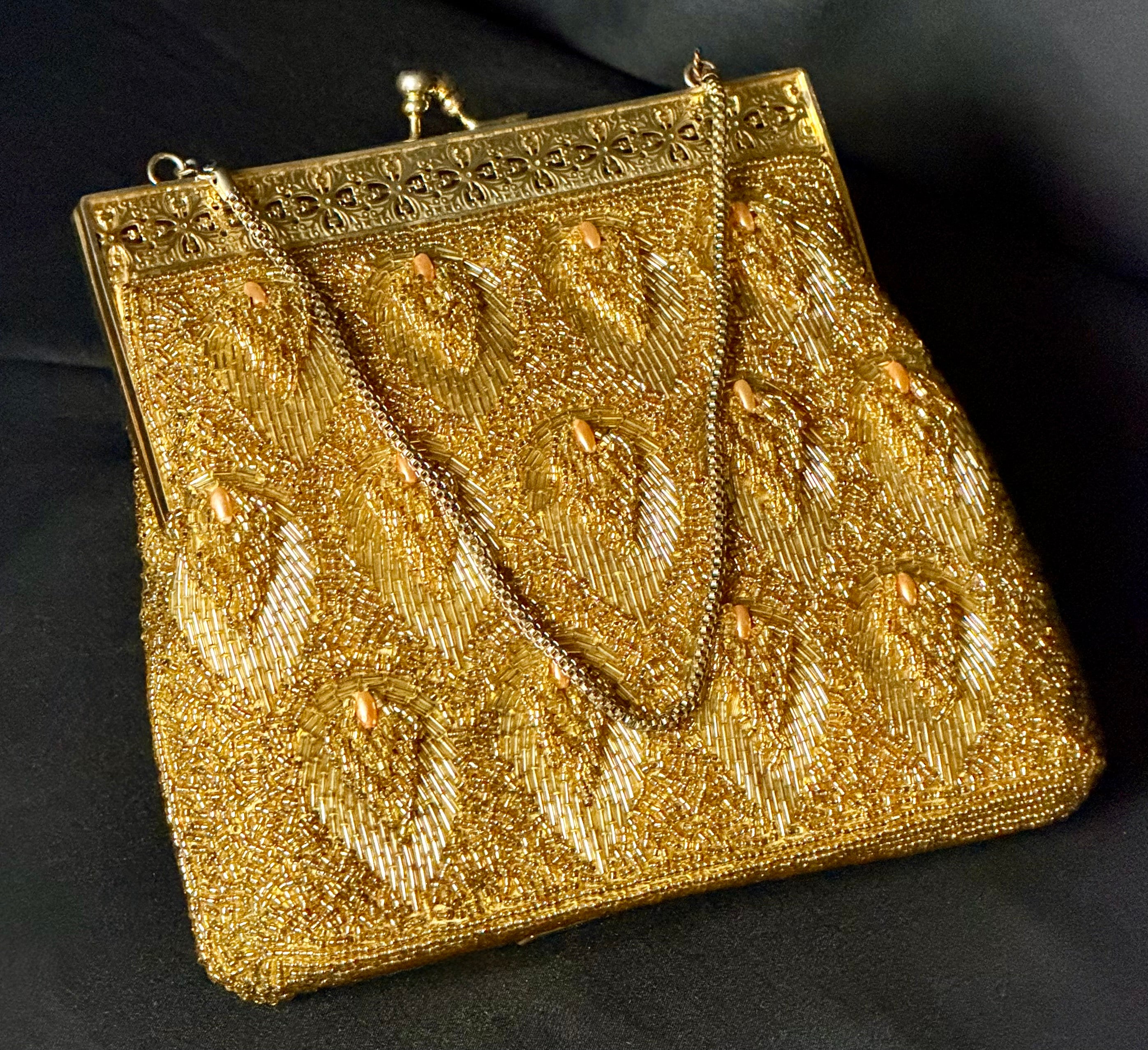 Evening Bag - 1950s Gold Beaded Clutch with Floral Filigree Frame”
