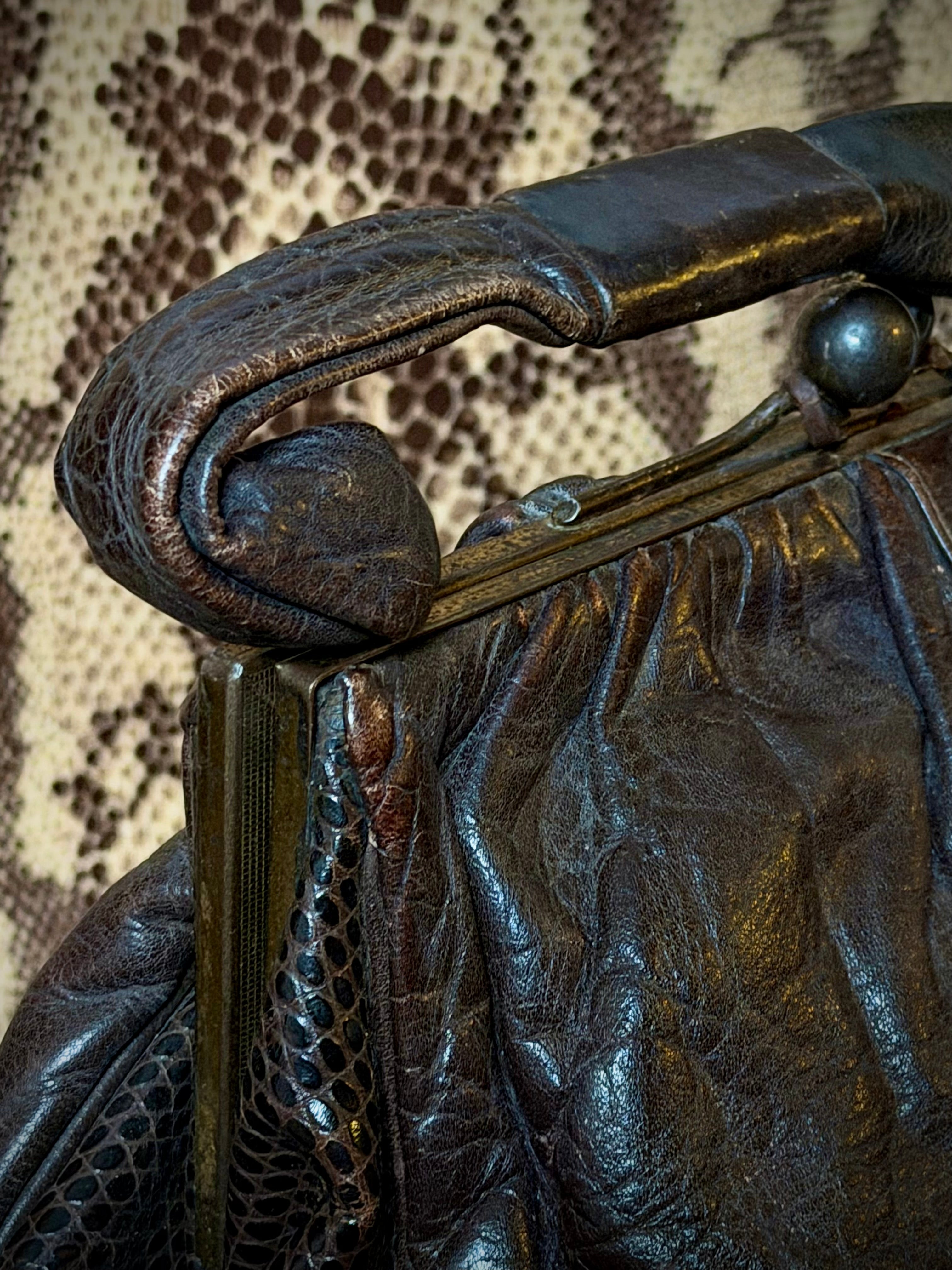 Late 1930s-1940s Leather and Reptile Skin Frame Handbag