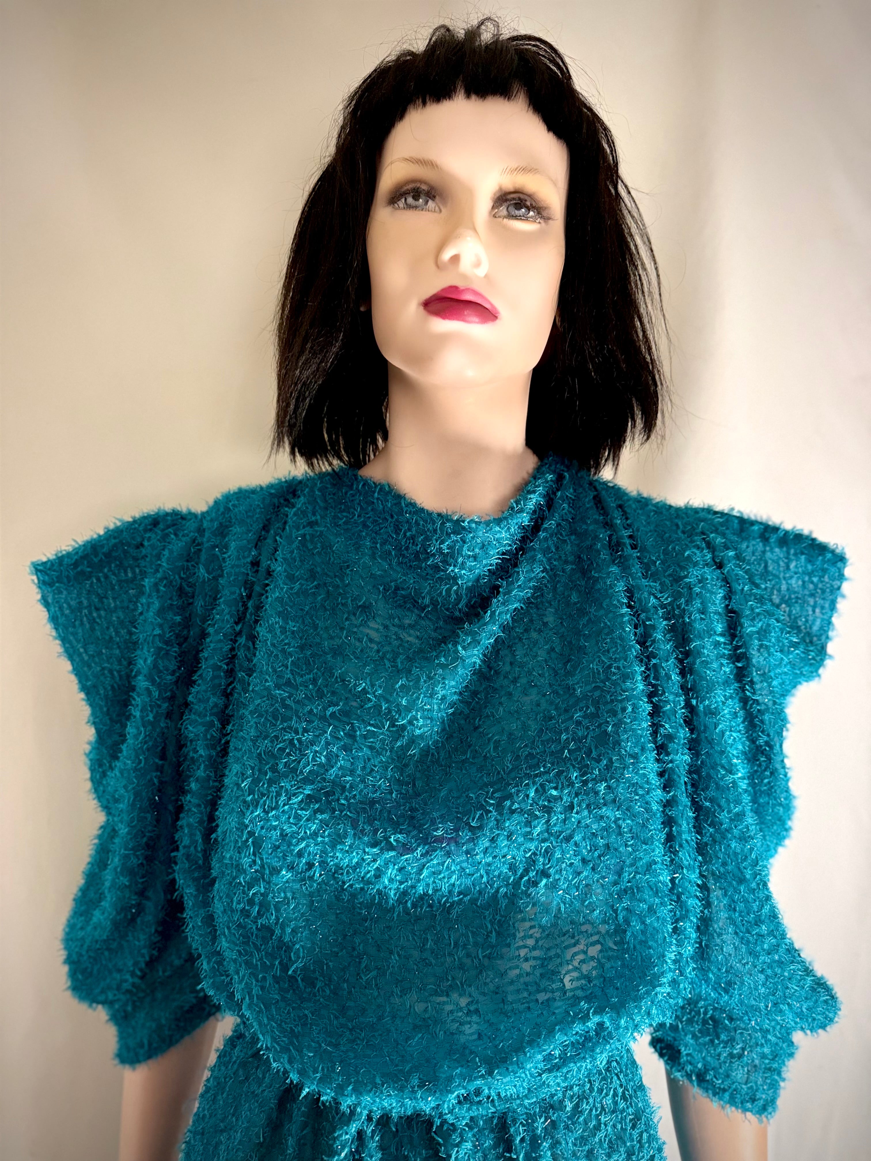 Electric Turquoise Sheer Lurex Midi Dress – 80s Avant-Garde Silhouette