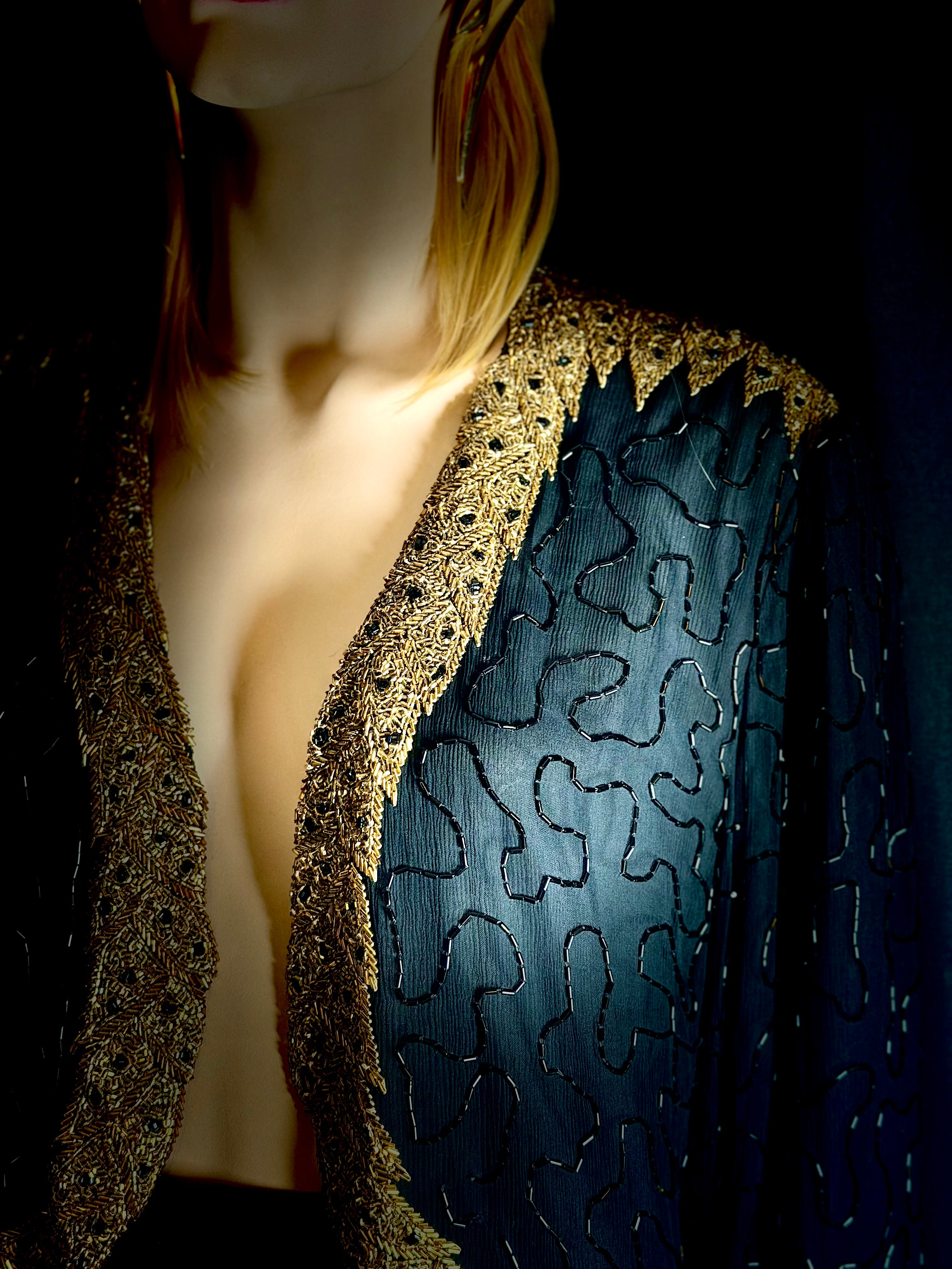 Hand-Embroidered Black & Gold Evening Jacket - One-of-a-Kind Luxe Vintage