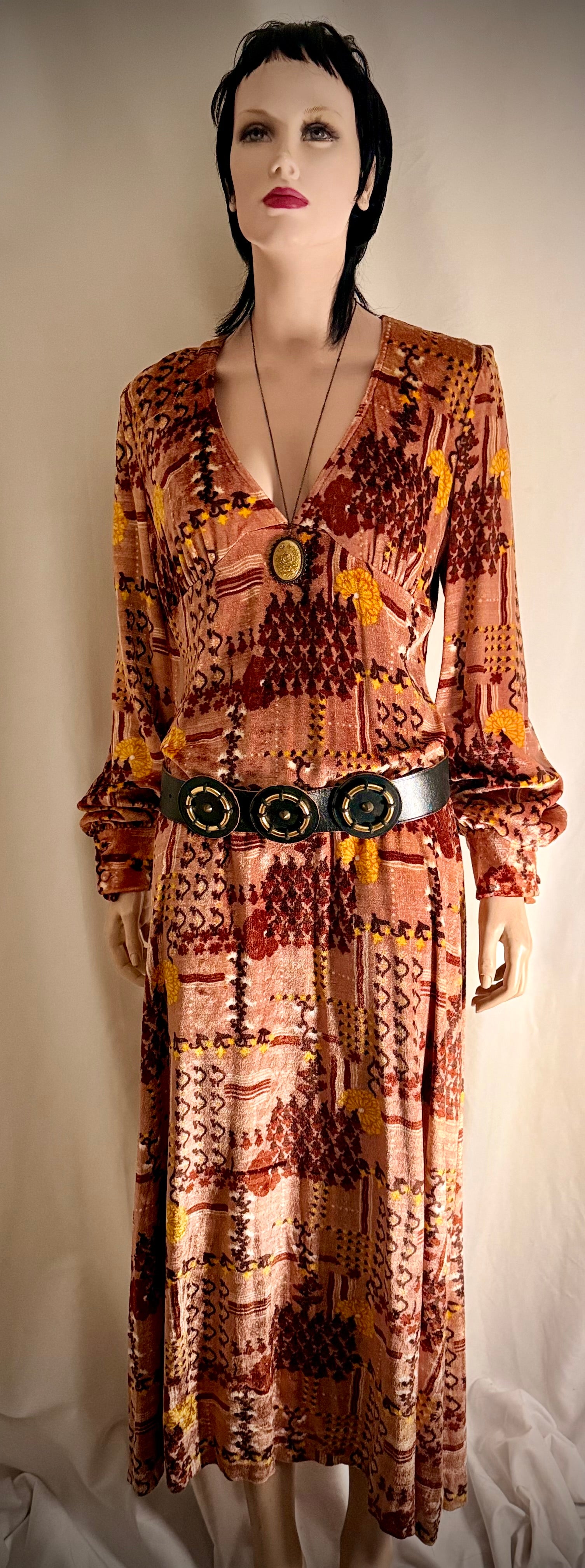 1970s Velvet Maxi Dress | Rich Patchwork Print | Heavy Luxe Fabric
