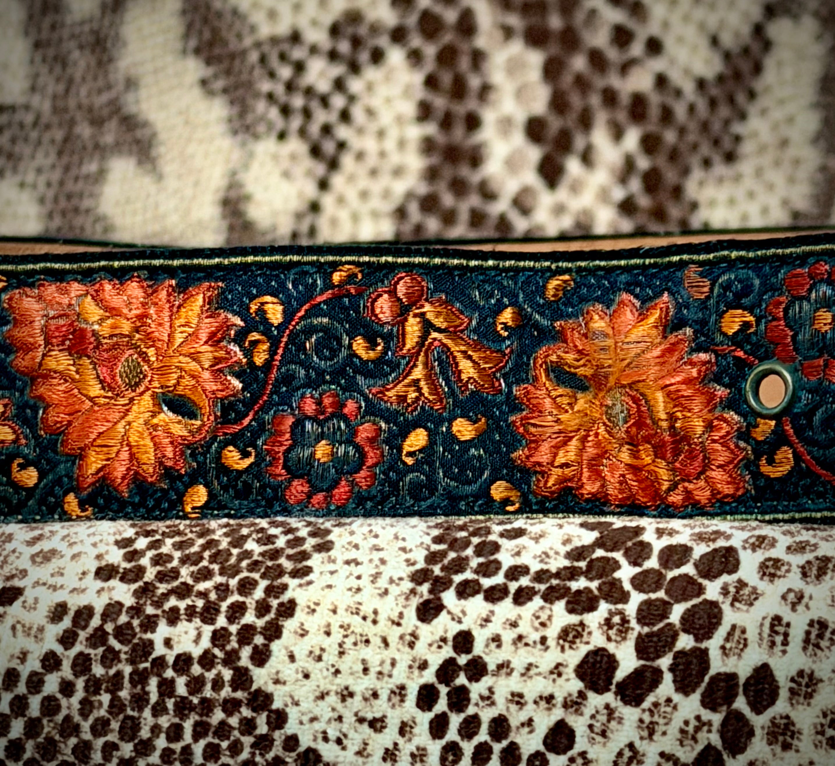 1970s Lutèce Paris Embroidered Leather Belt-Floral Tapestry (Made in France)
