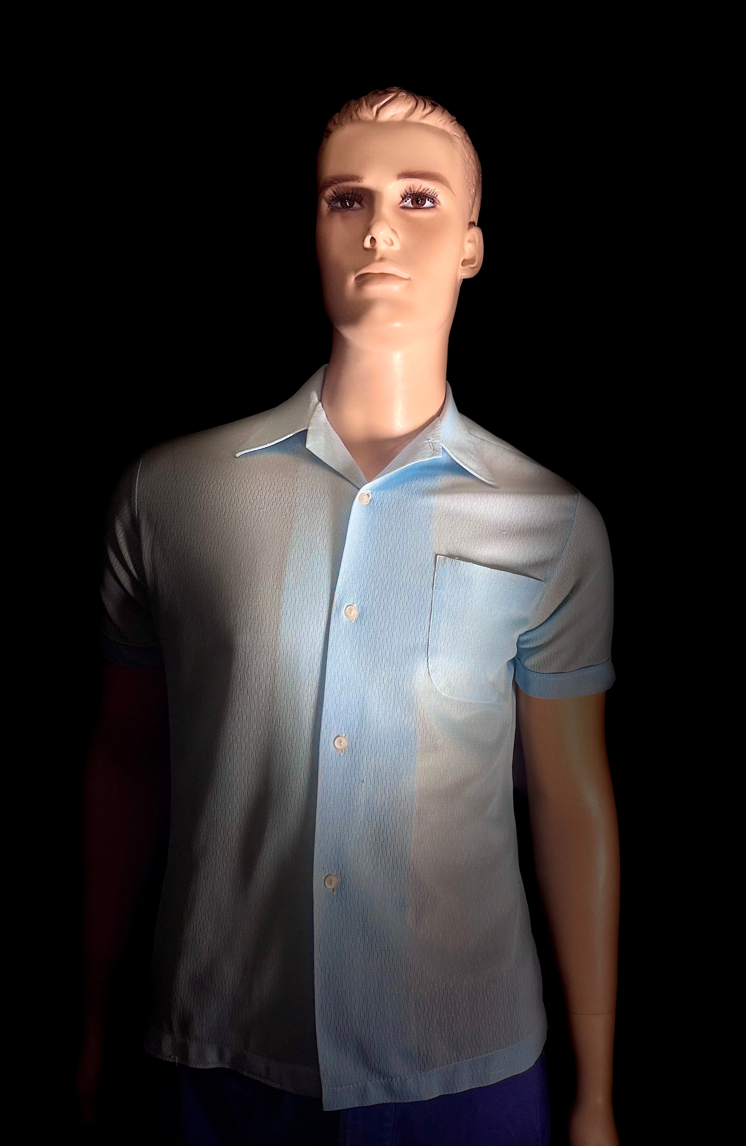 1960s Ice-Blue Sheer Shirt - Lightweight Mesh Weave