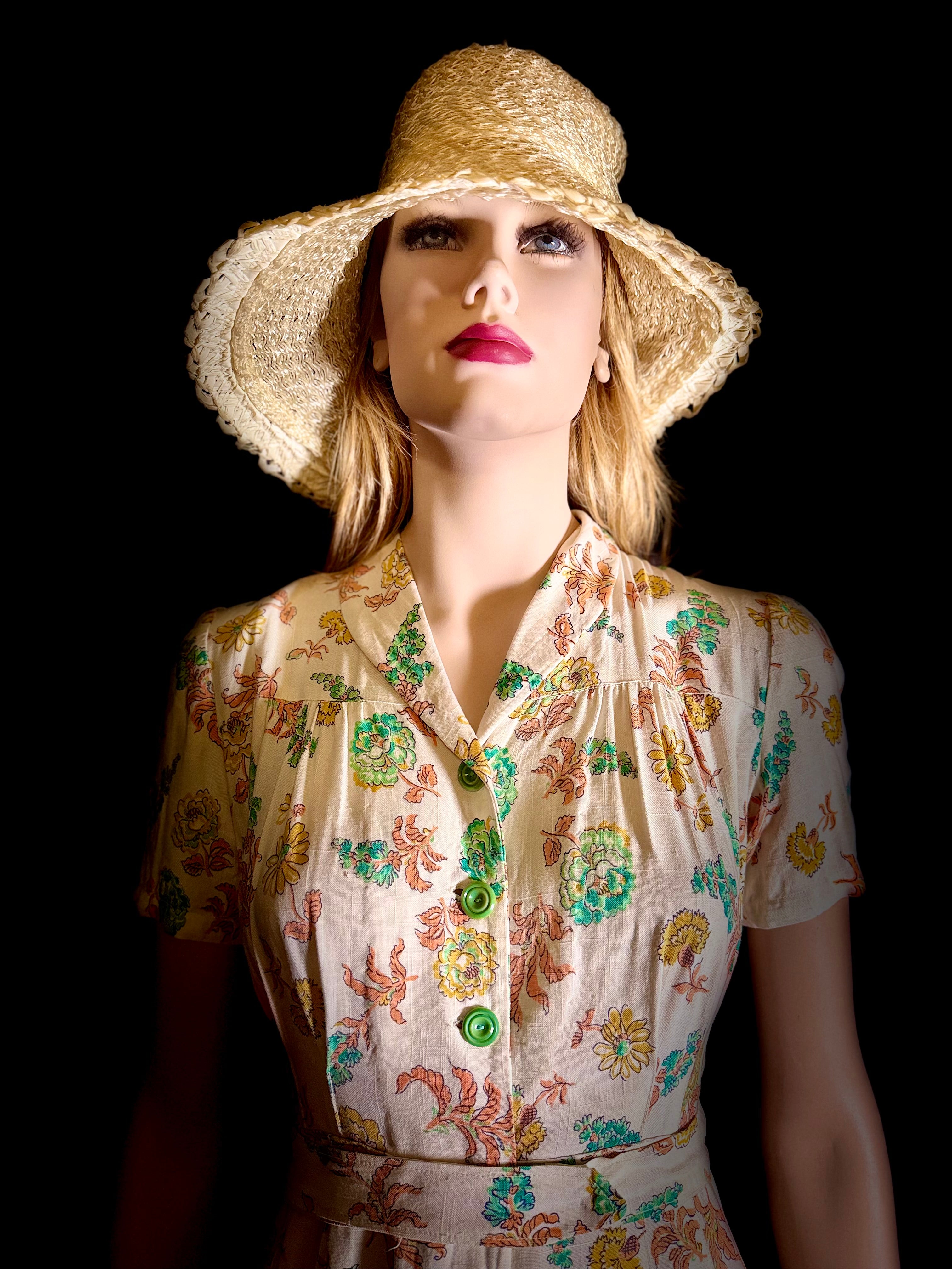 Late 1930s- Early 1940s Hand-Sewn Floral Day Dress with Original Green Buttons