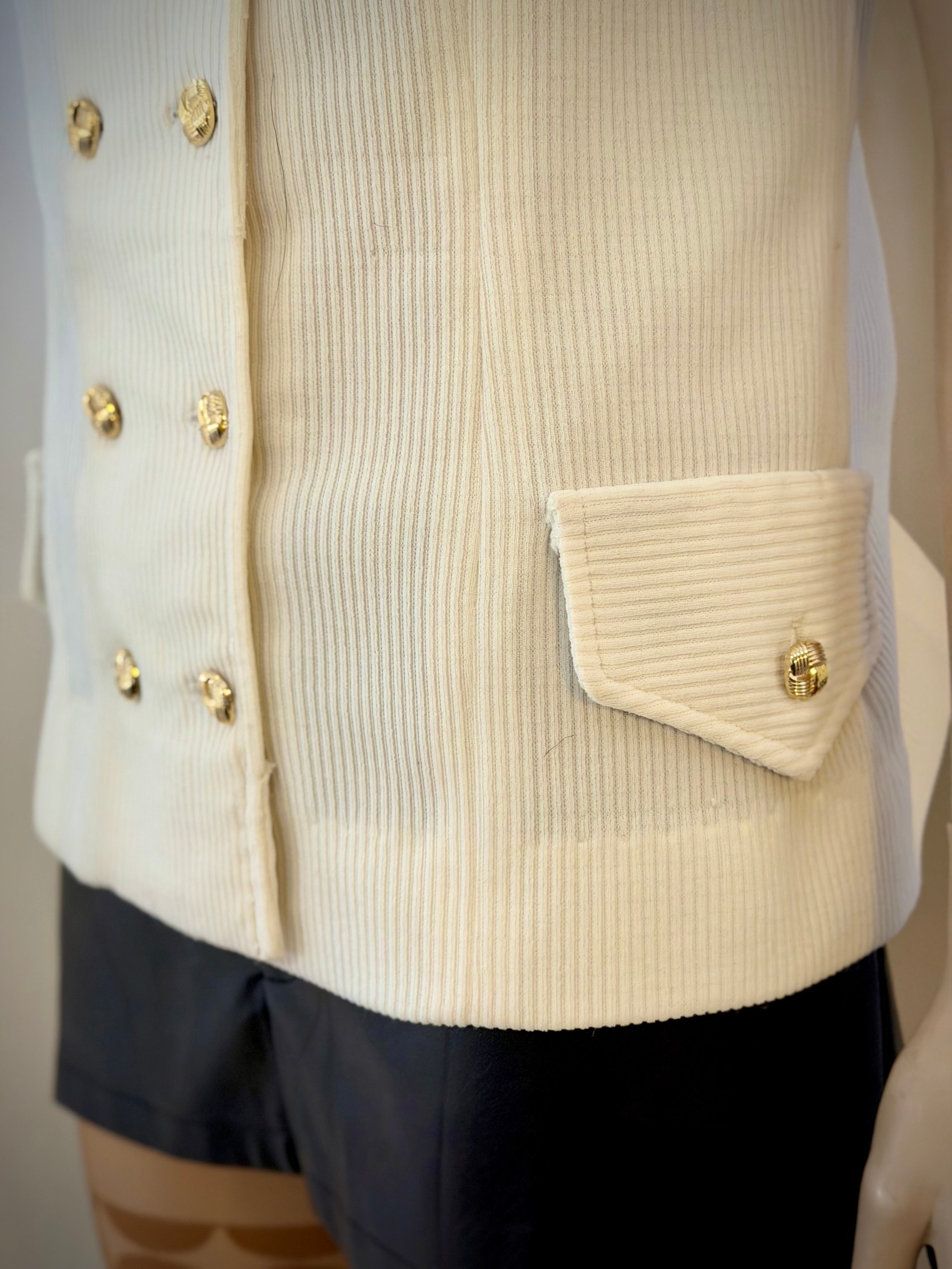 Cream Ribbed Double-Breasted Vest Top with Gold Buttons
