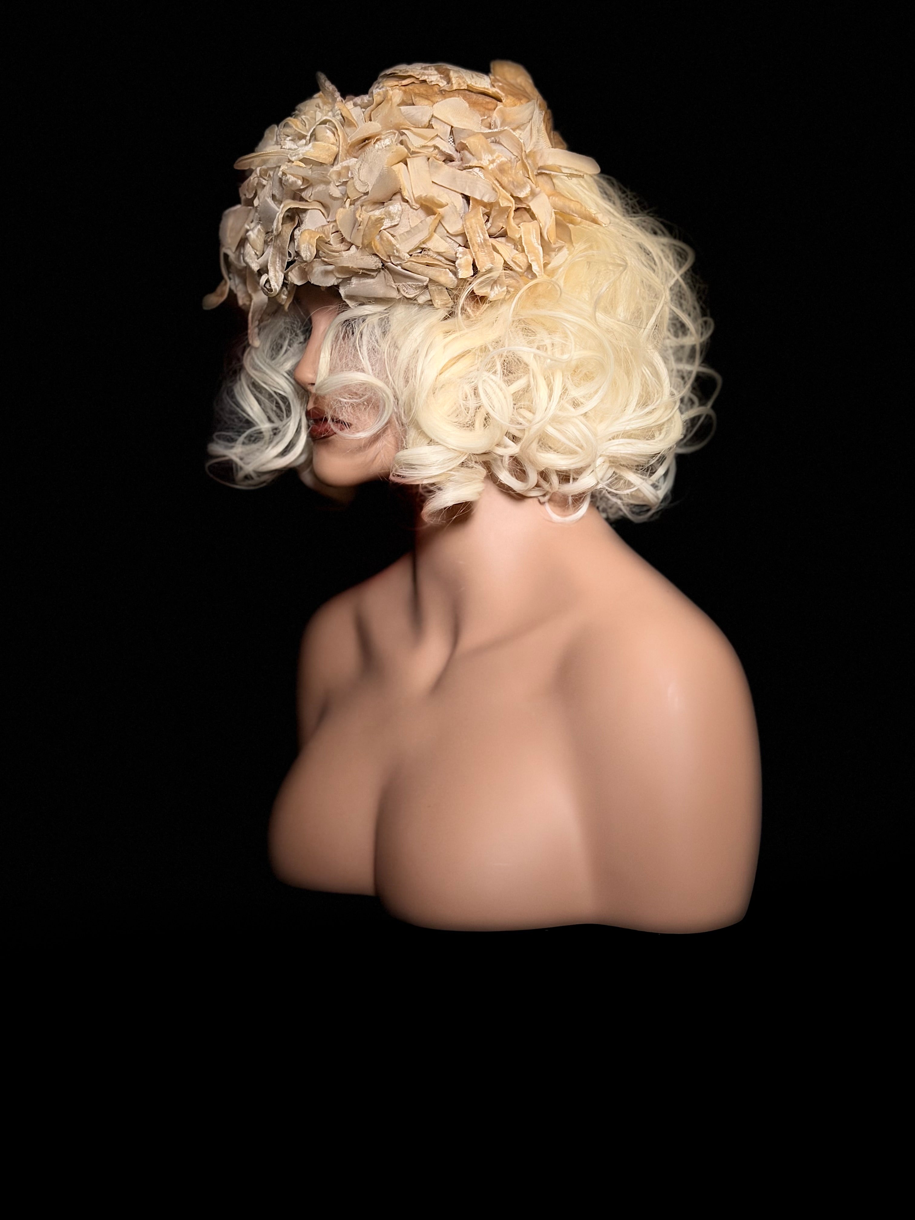 1950s Cream Velvet Leaf & Ribbon Sculptural Hat