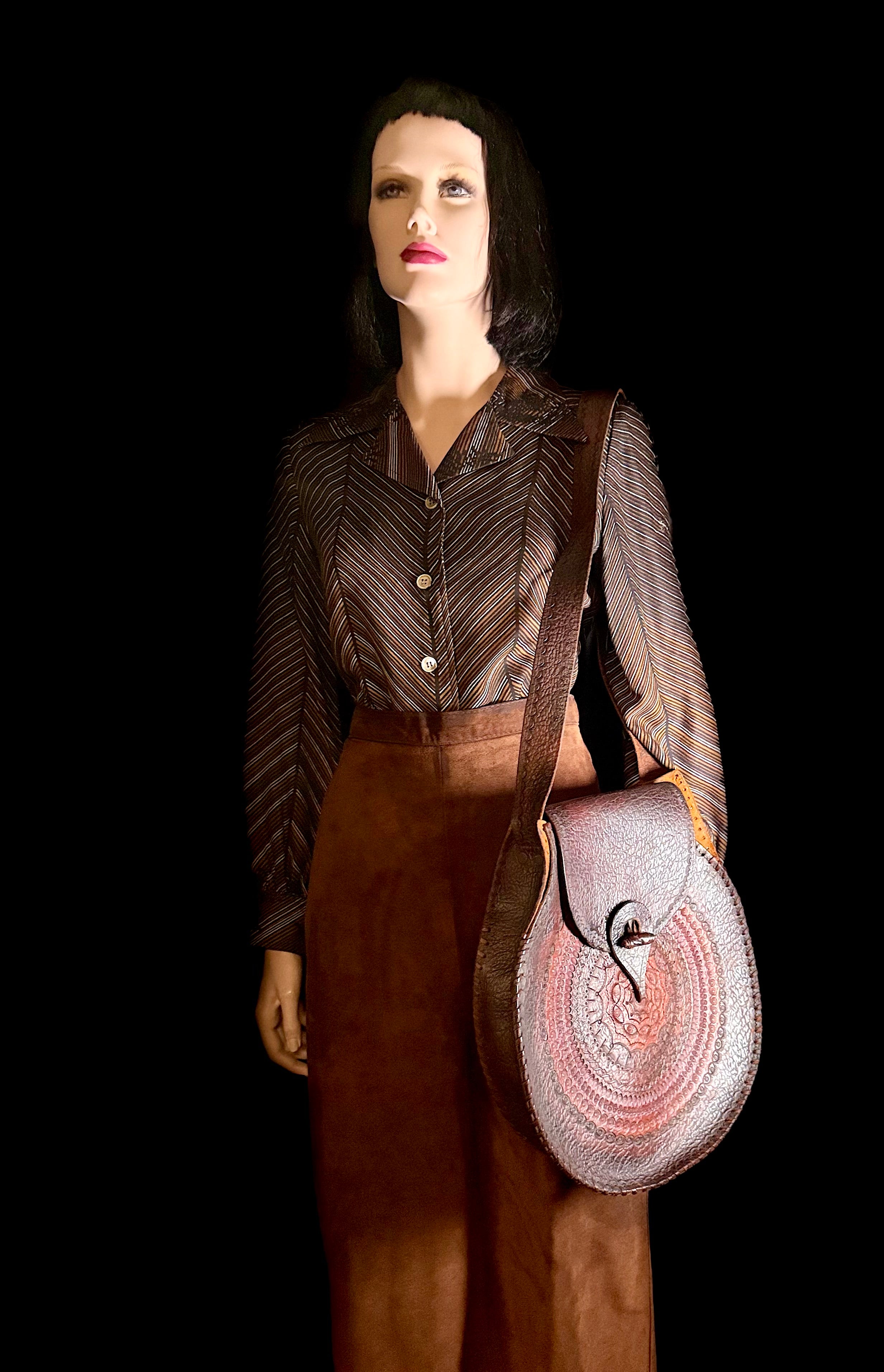 Oversized 1970s Tooled Leather Shoulder Bag - Hand-Crafted