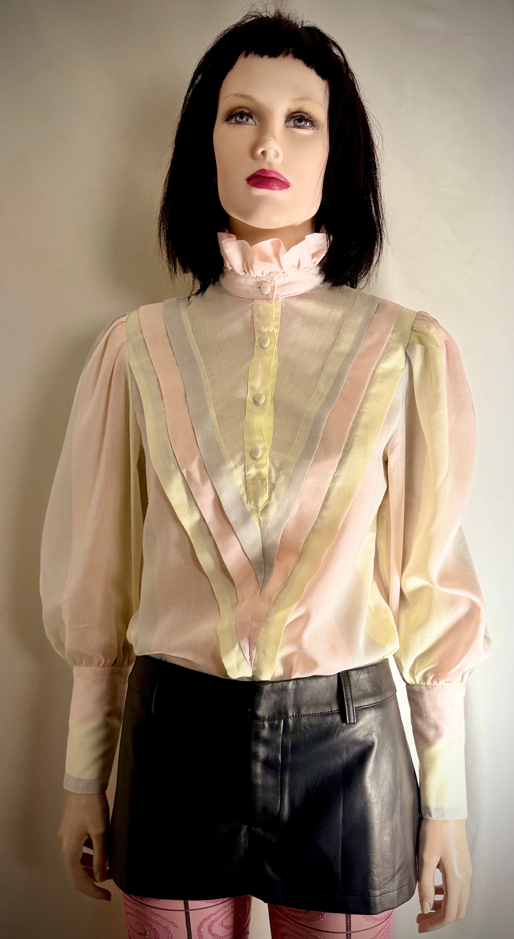 1980s Pastel Stripe Leg of Mutton Cotton Blouse