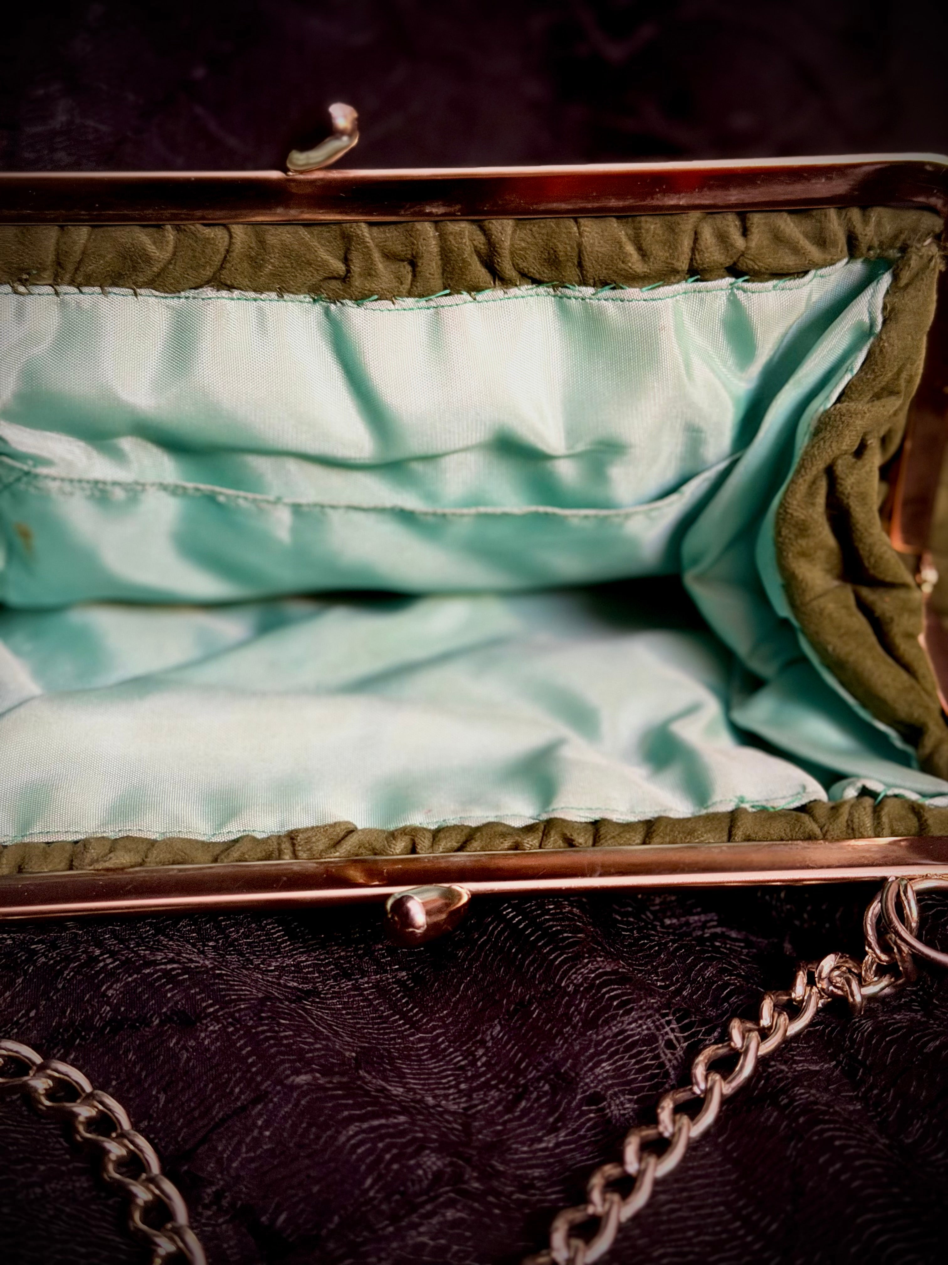 1950s Olive Velvet Evening Bag and Sage Gloves - Mid-Century Cocktail Set