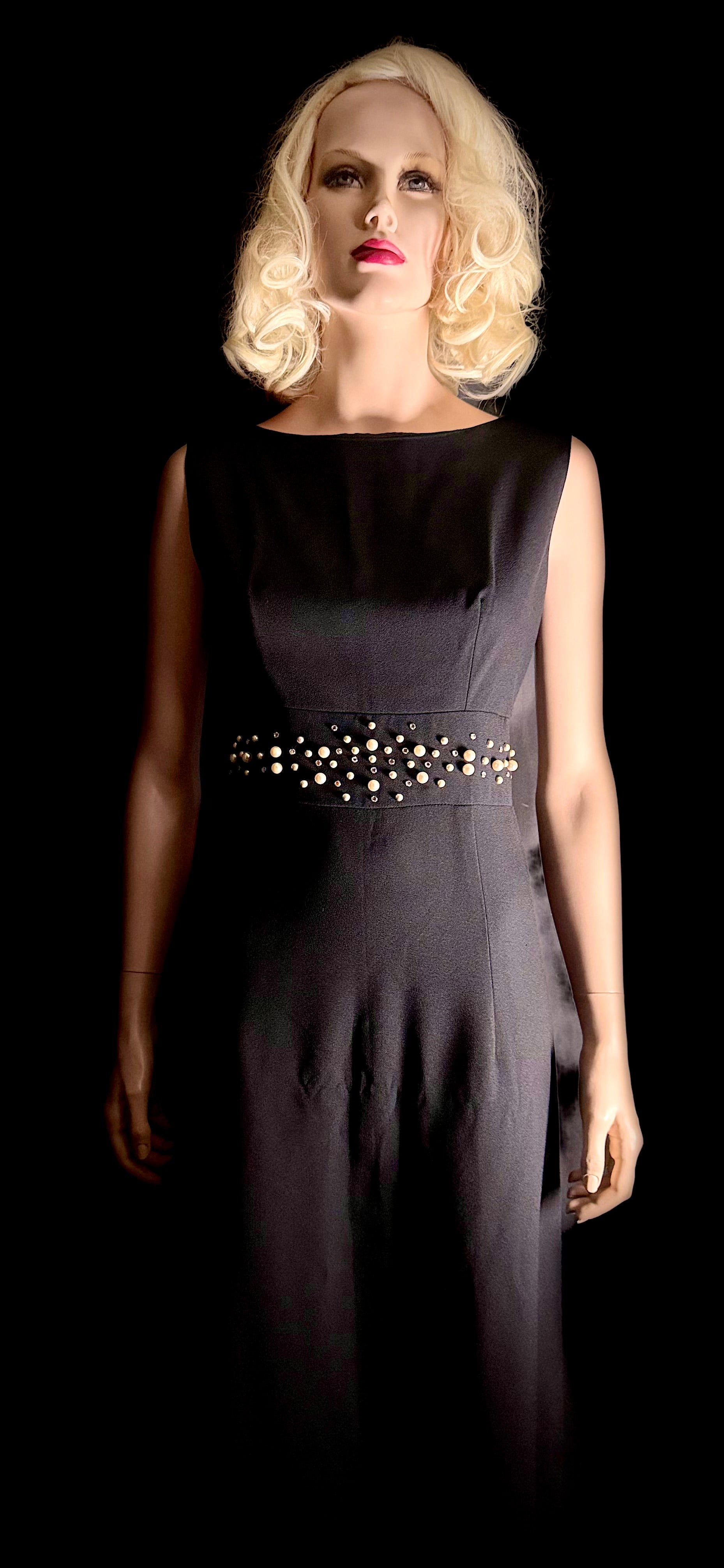 1960s Hershelle Model Mayfair London Black Evening Gown, Pearl & Diamante Detail