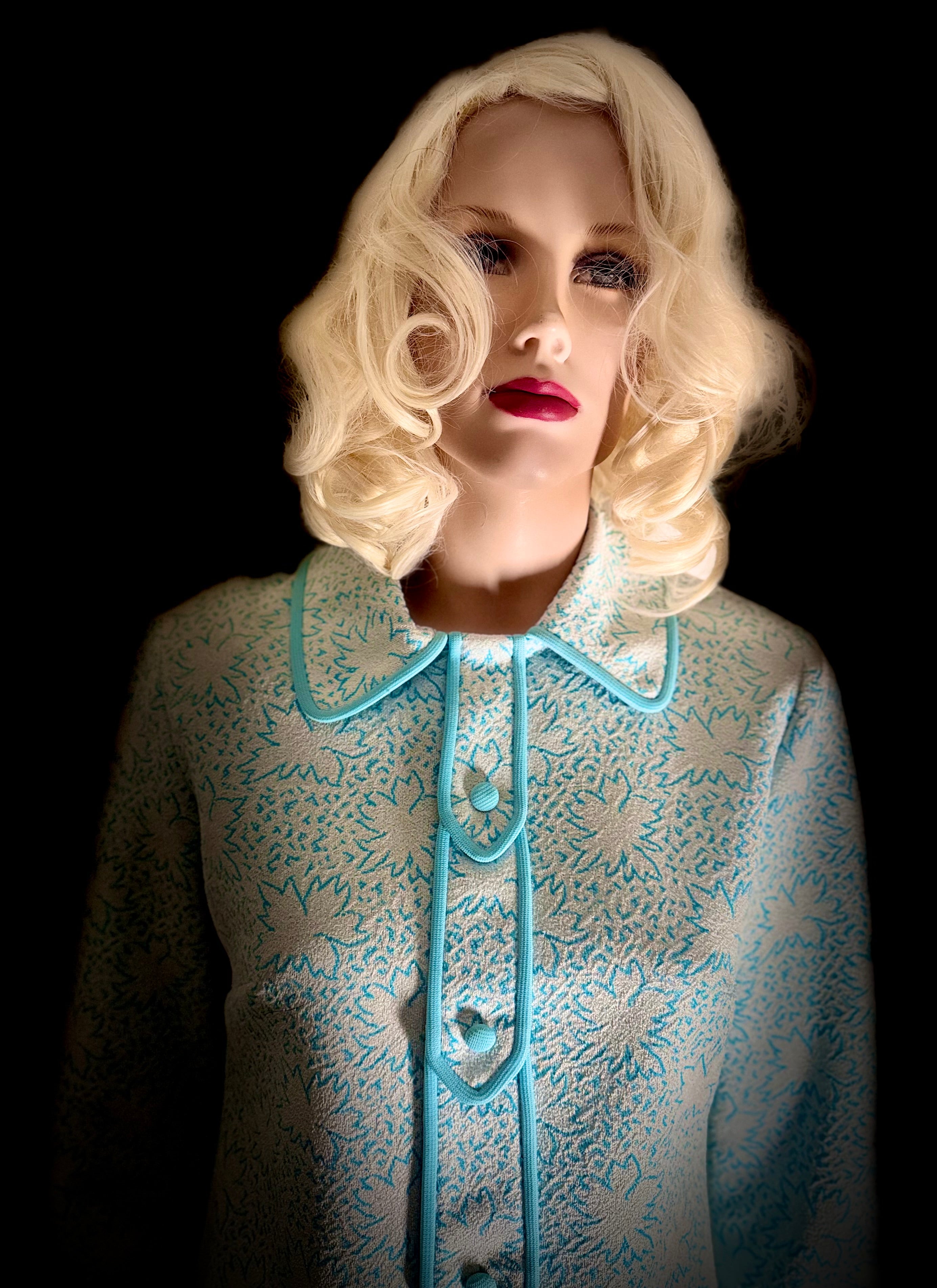Immaculate 1960s Turquoise-Trimmed Textured Day Dress