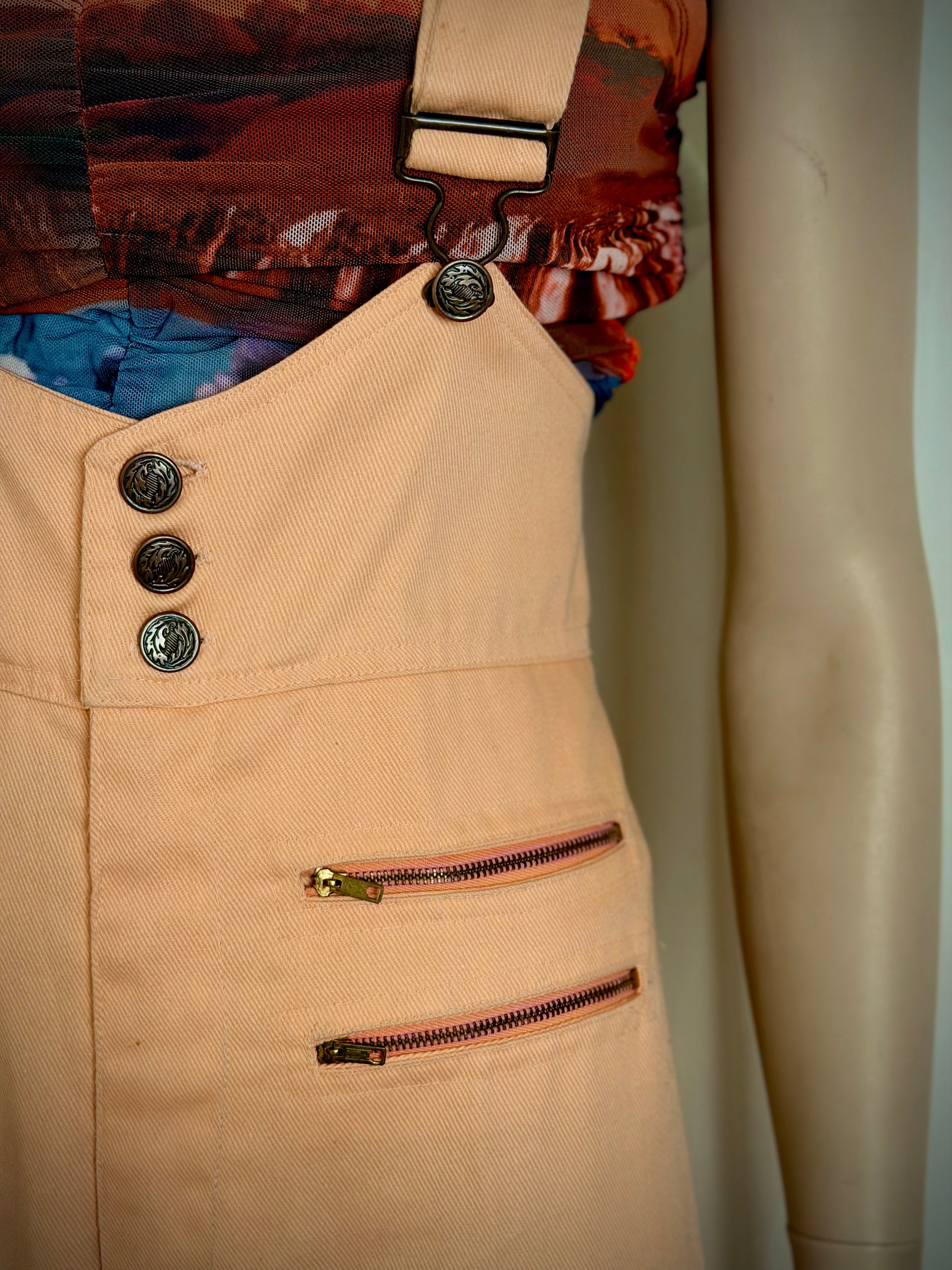 1970s Frederick’s of Hollywood Peach Cotton Flared Jumpsuit Overalls