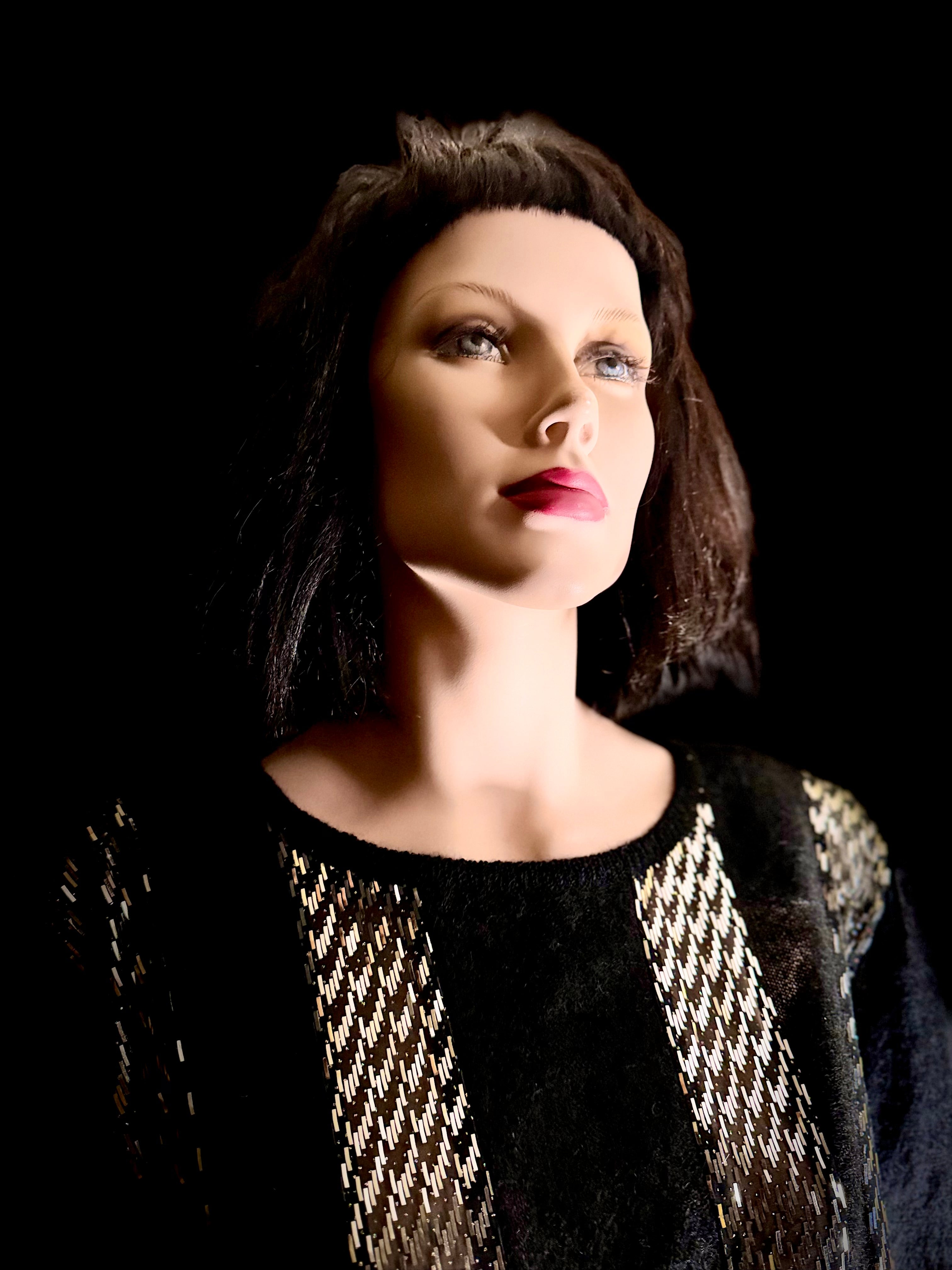 1980s Kid Mohair Beaded Knit Top / Black Mohair Sweater / Diamante Button Back