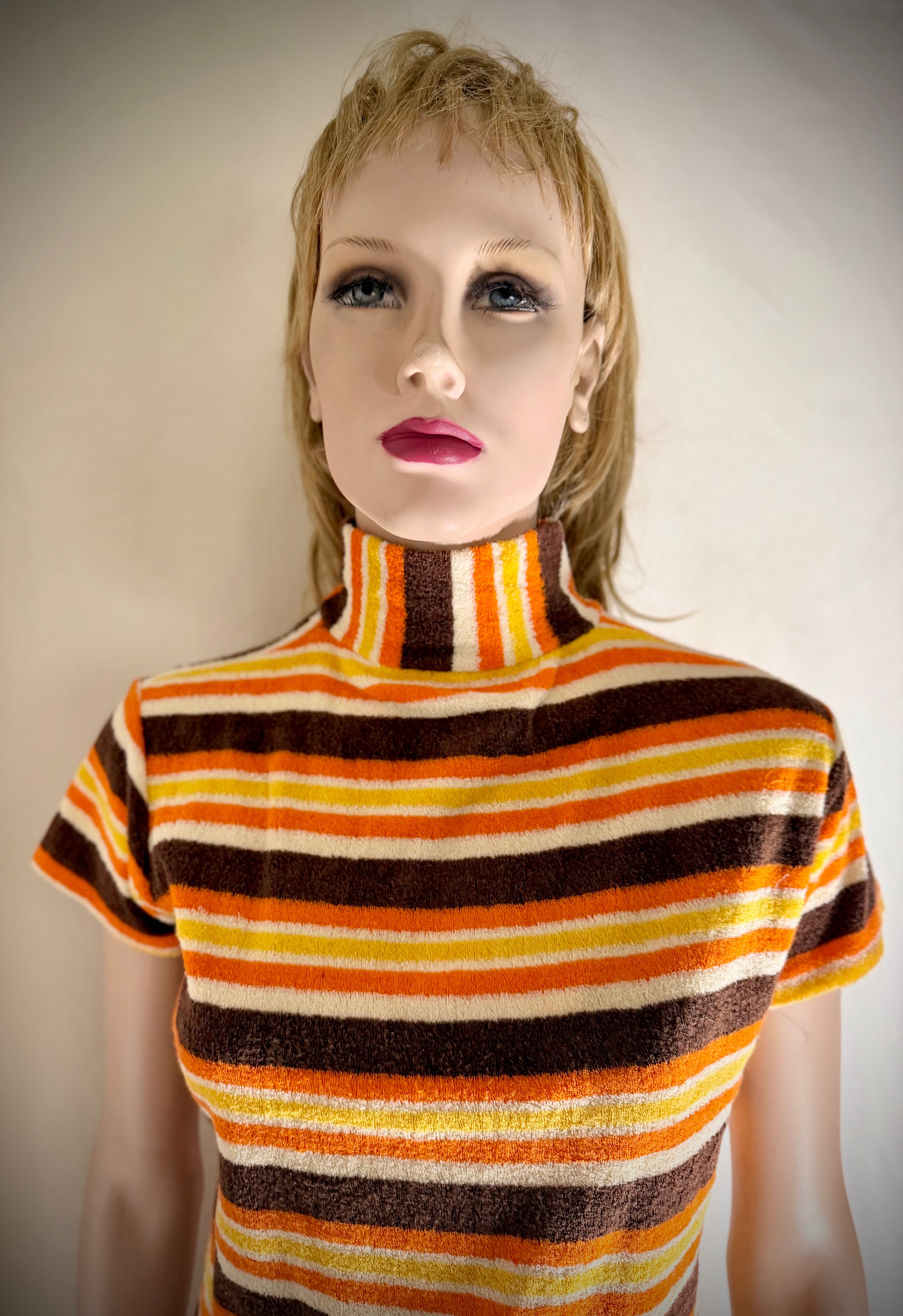 Vintage 1960s Towelling Mini Dress | High Neck | Graphic Stripe | Unworn