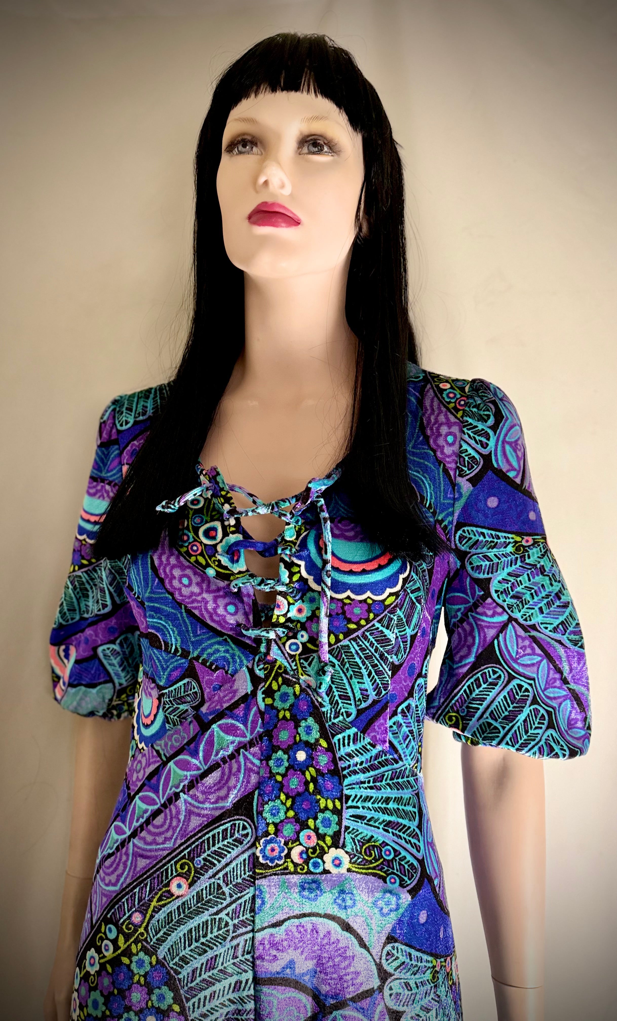 1970s Finn Karelia Psychedelic Velvet Maxi Dress | Made In Finland