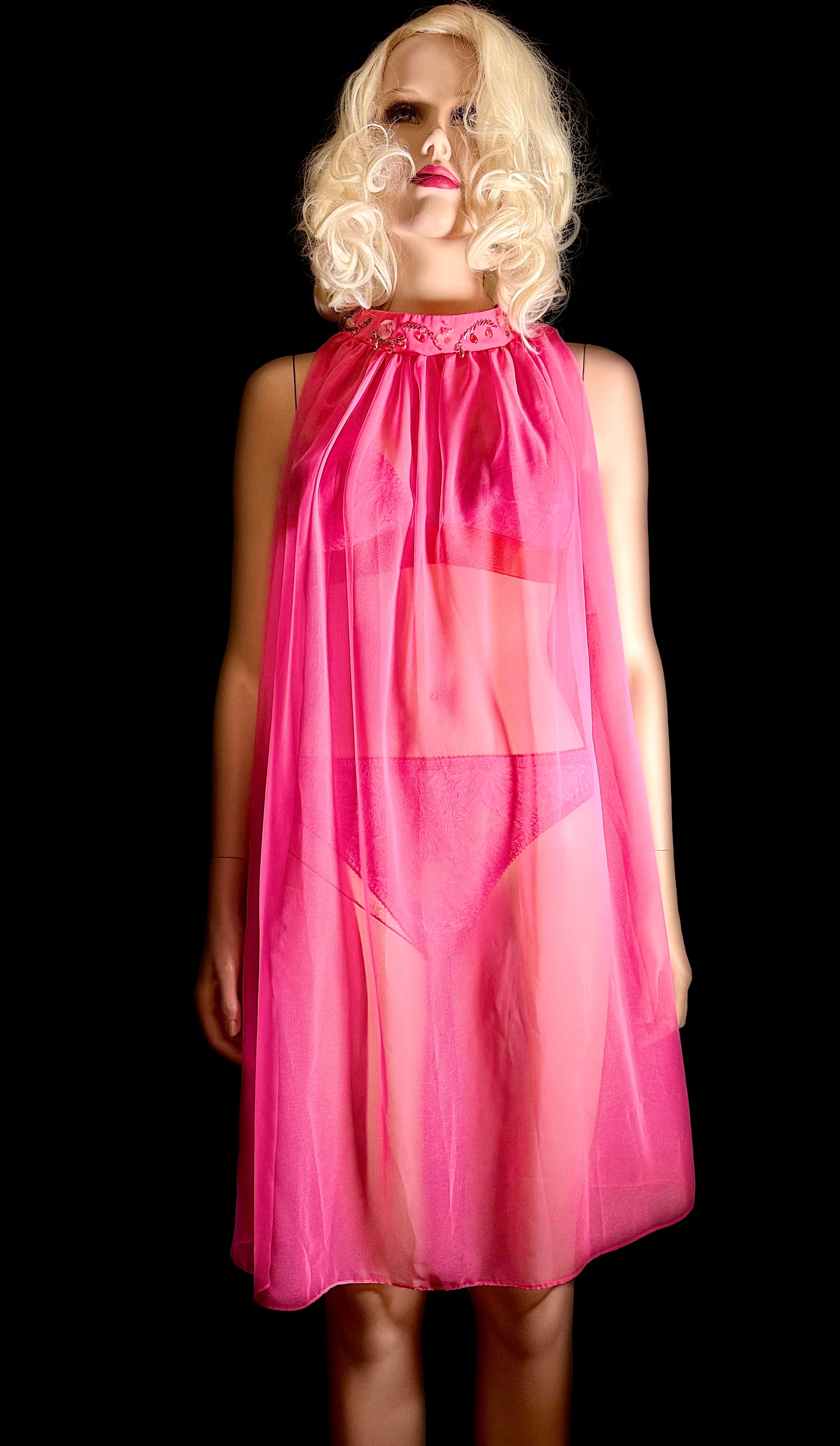 1960s Hot Pink Sheer Babydoll Dress with Hand-Beaded Collar