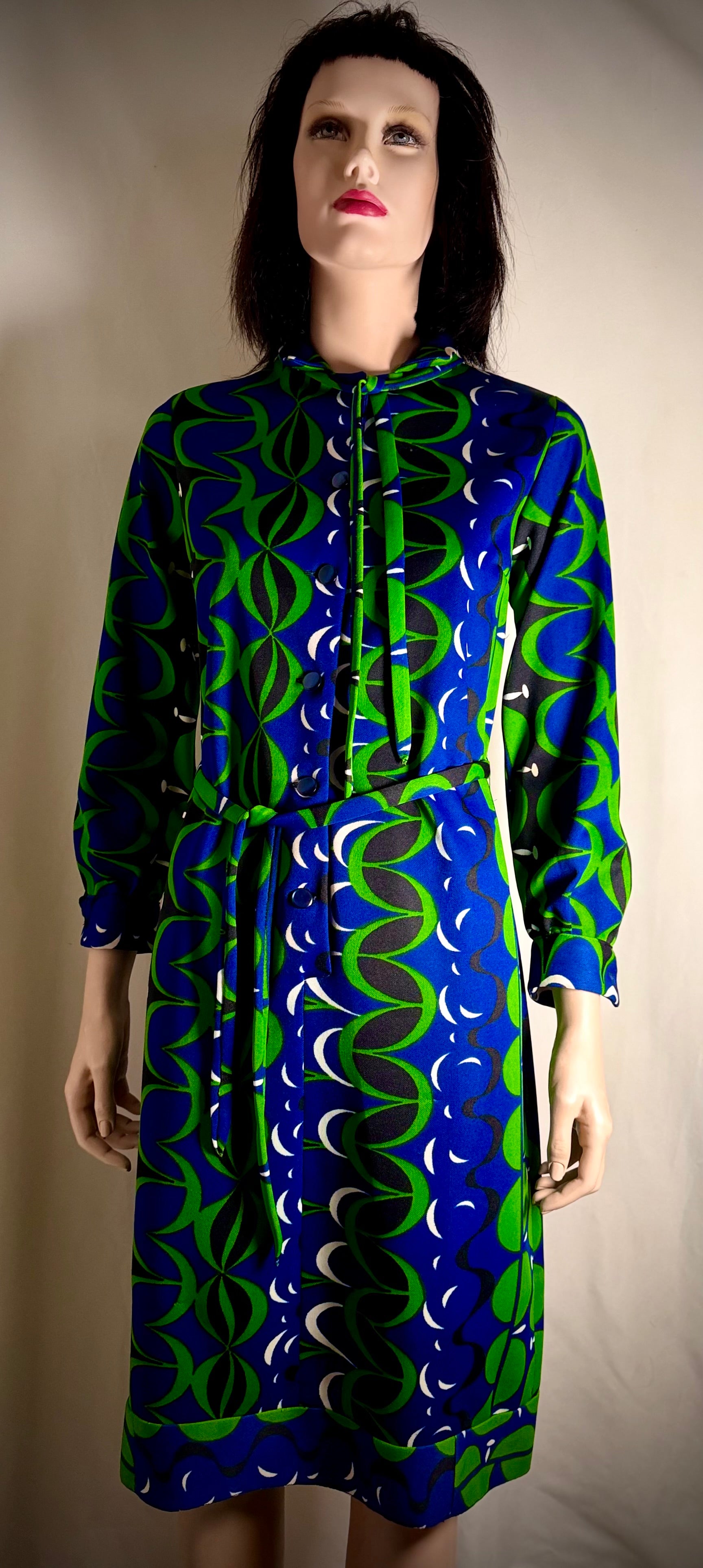 Vintage 1960s Graphic Print Shirt Dress – Blue & Green