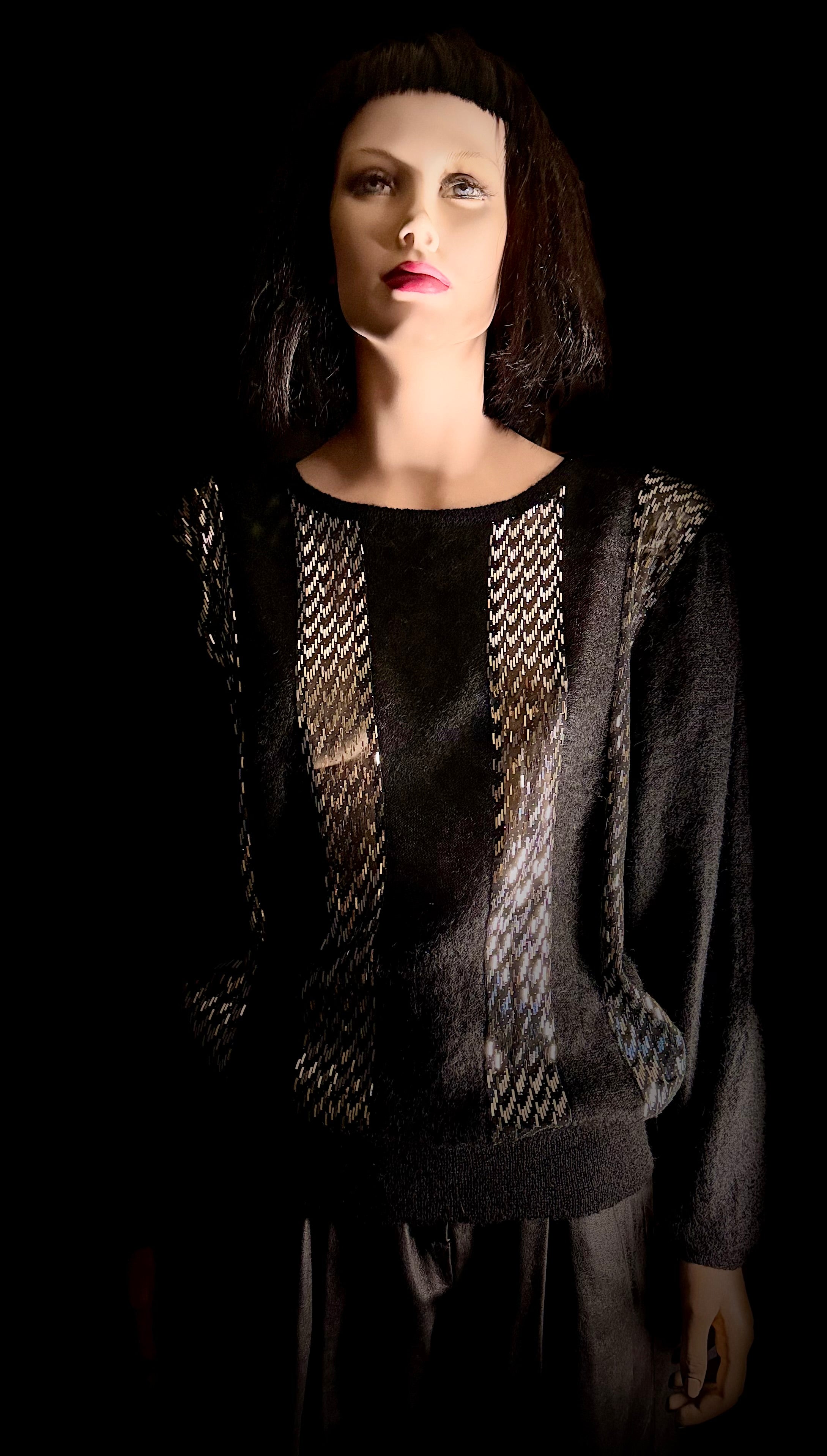 1980s Kid Mohair Beaded Knit Top / Black Mohair Sweater / Diamante Button Back