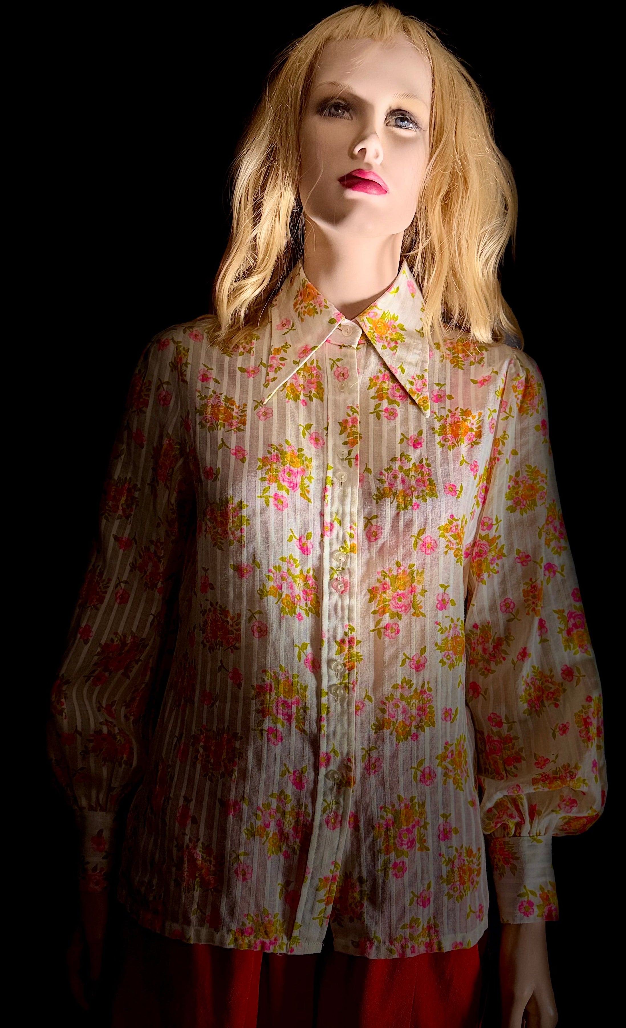 1970s Semi-Sheer Floral Stripe Blouse with Double Buttons