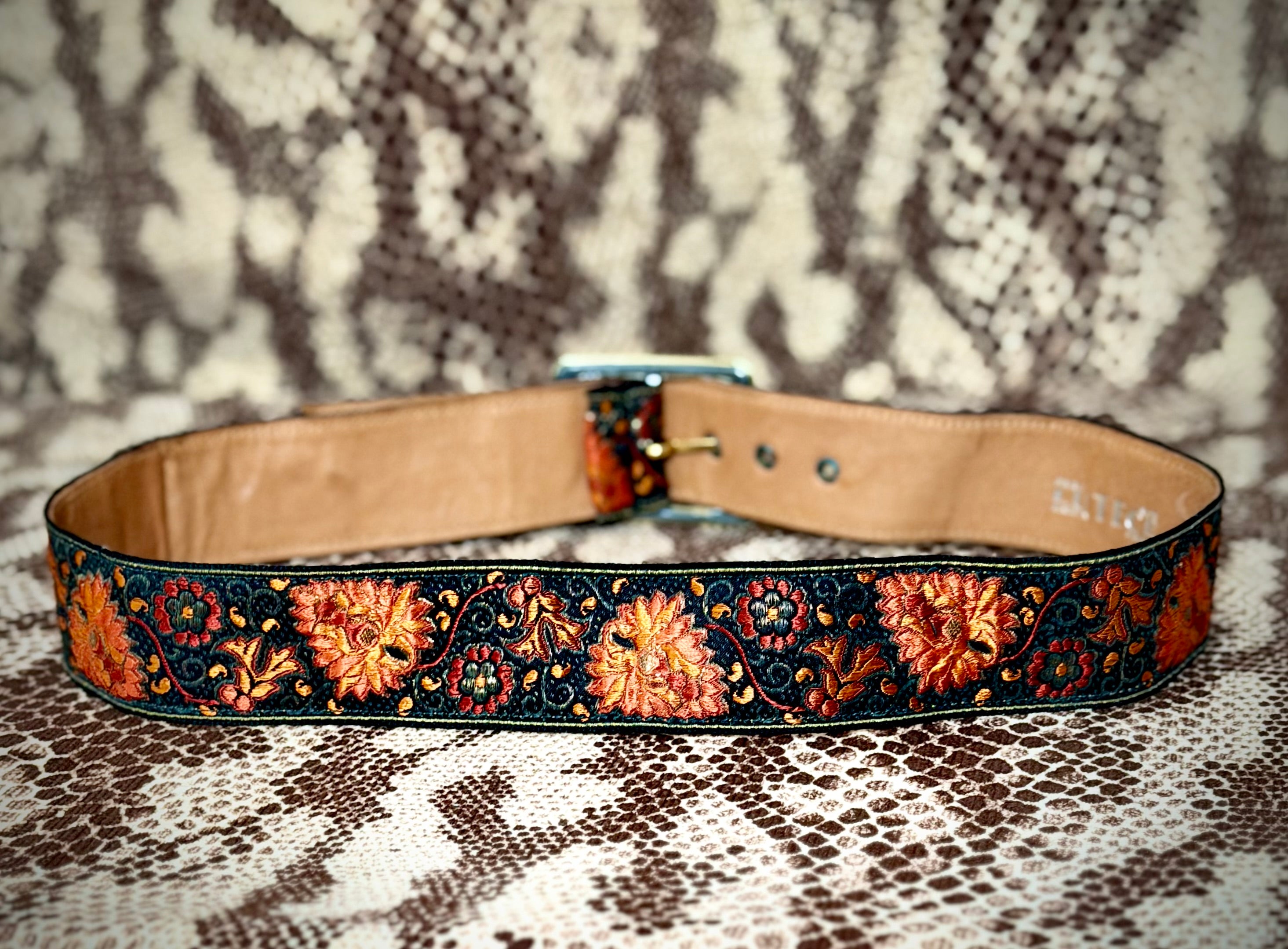 1970s Lutèce Paris Embroidered Leather Belt-Floral Tapestry (Made in France)