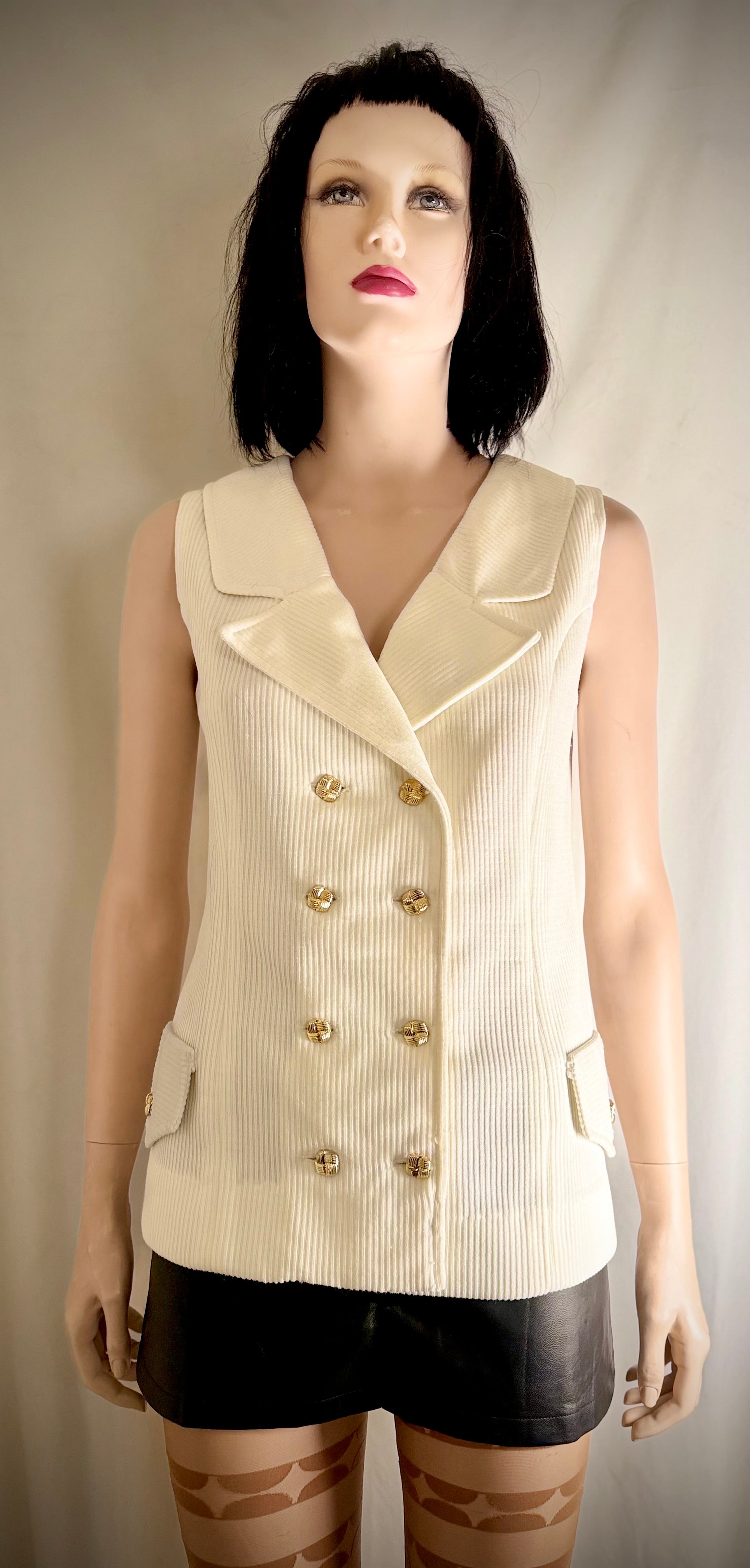 Cream Ribbed Double-Breasted Vest Top with Gold Buttons