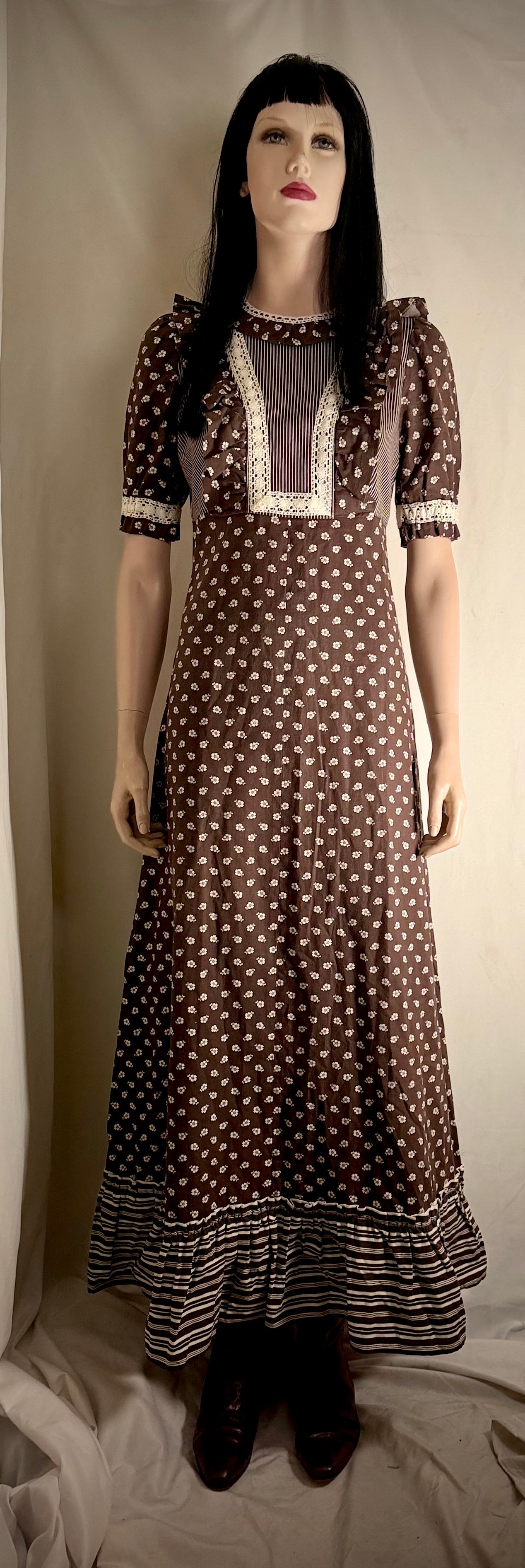 1970s Dark Brown Cotton Prairie Dress