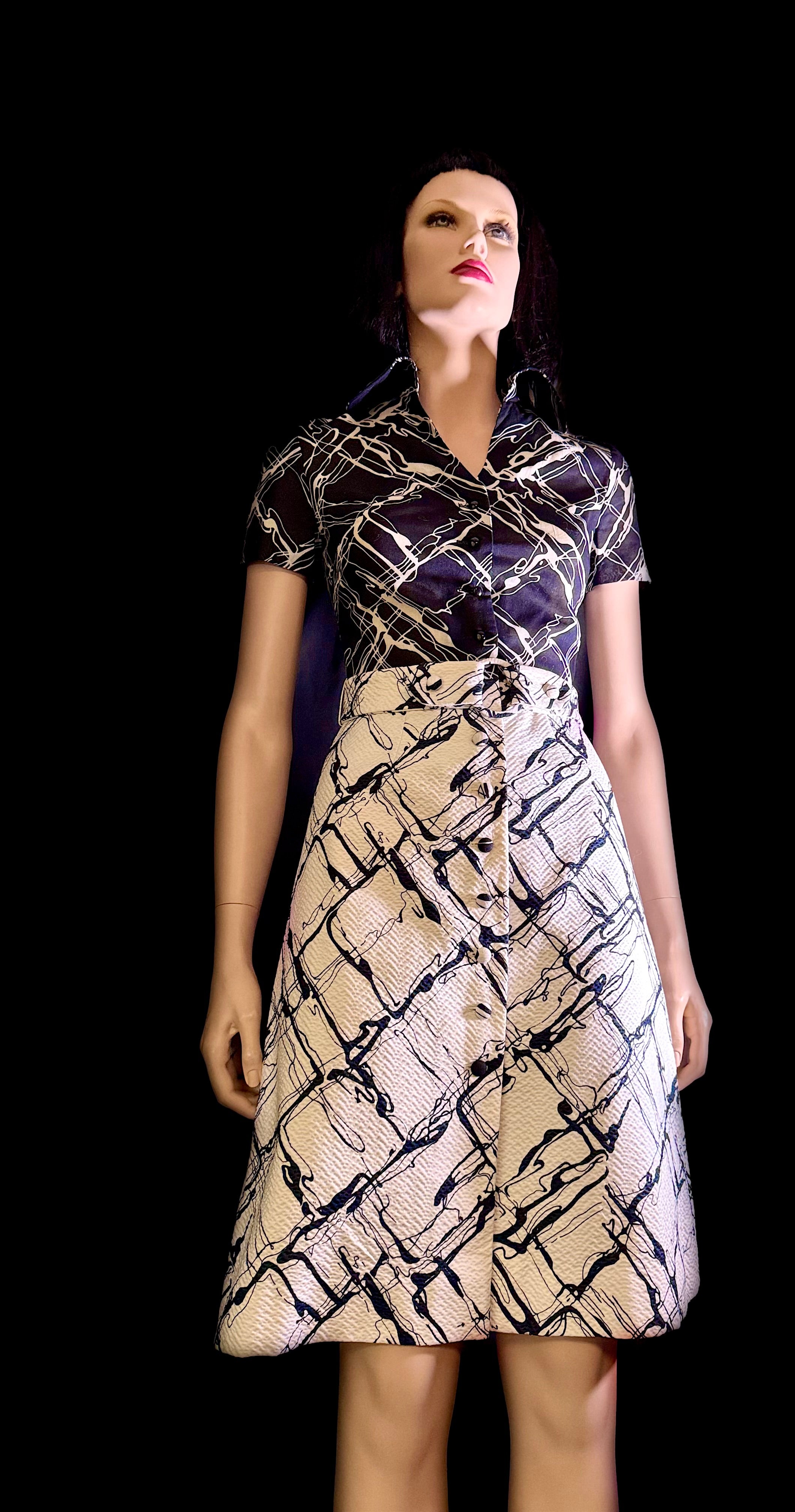Pristine 1950s Abstract Print Dress with Sculptural Collar