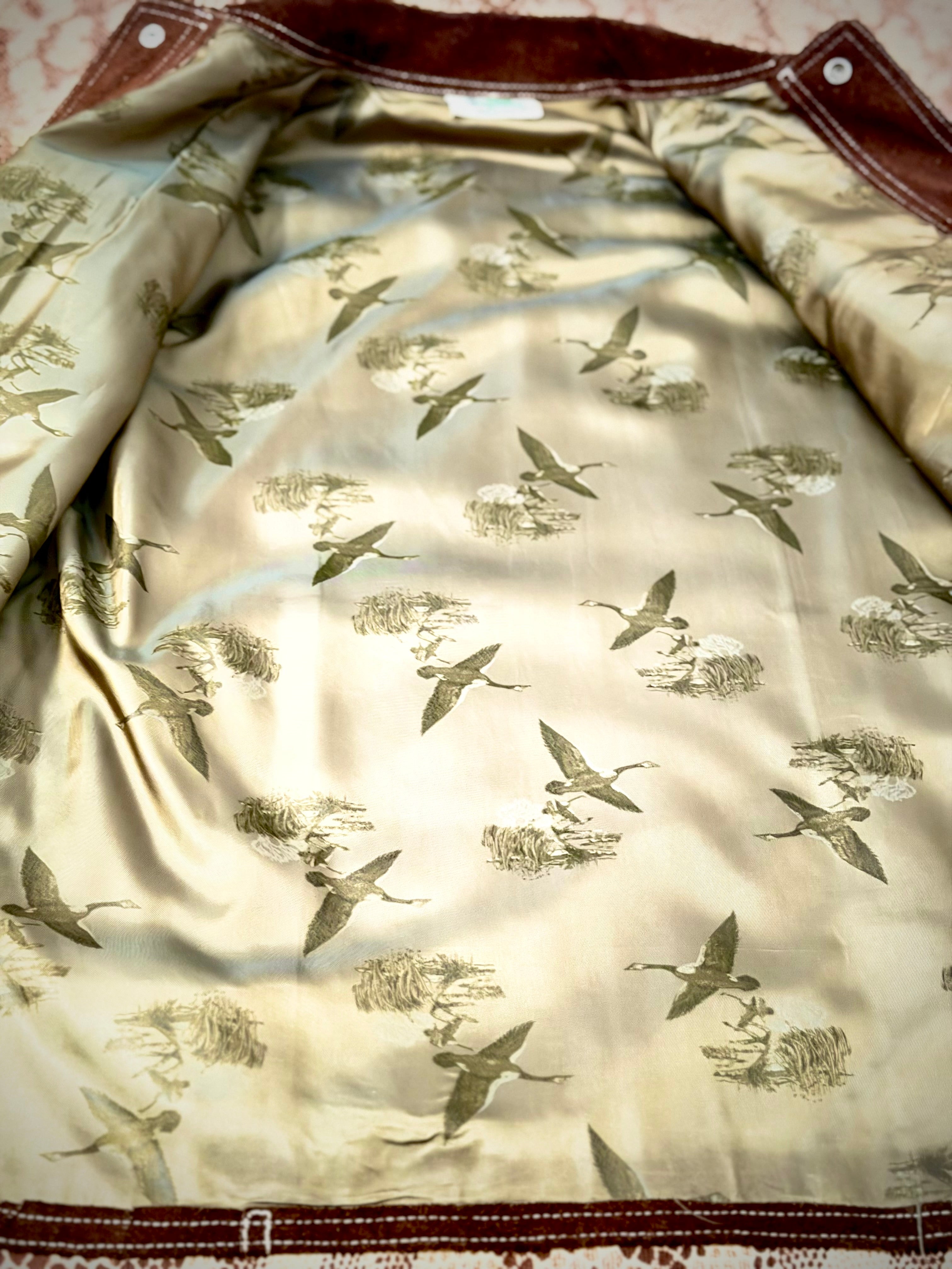 Vintage 70s Mexican Suede Western Jacket with Scenic Bird
Lining