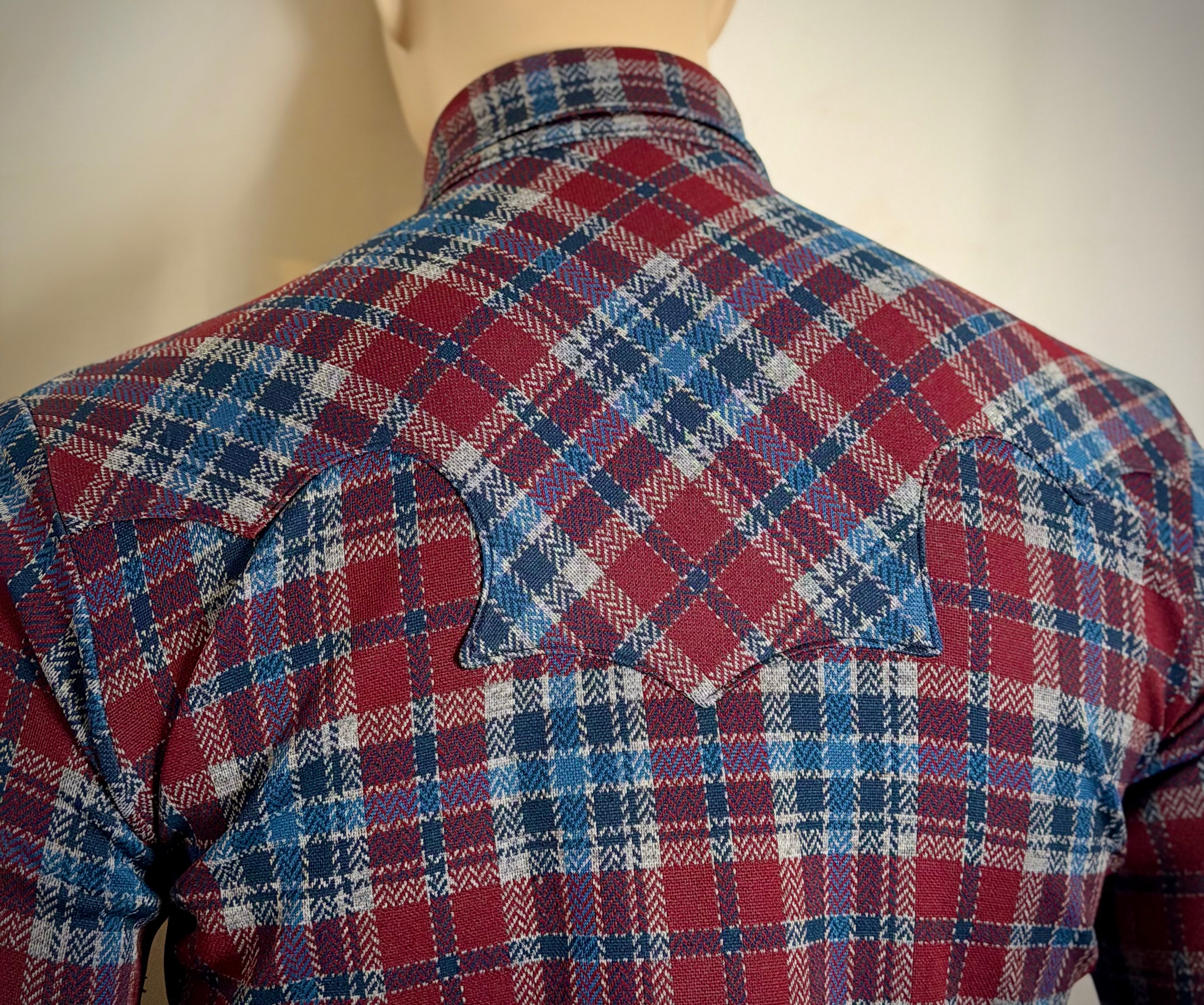 Deadstock 1970s Western Snap Shirt - Burgundy, Blue and Cream Plaid