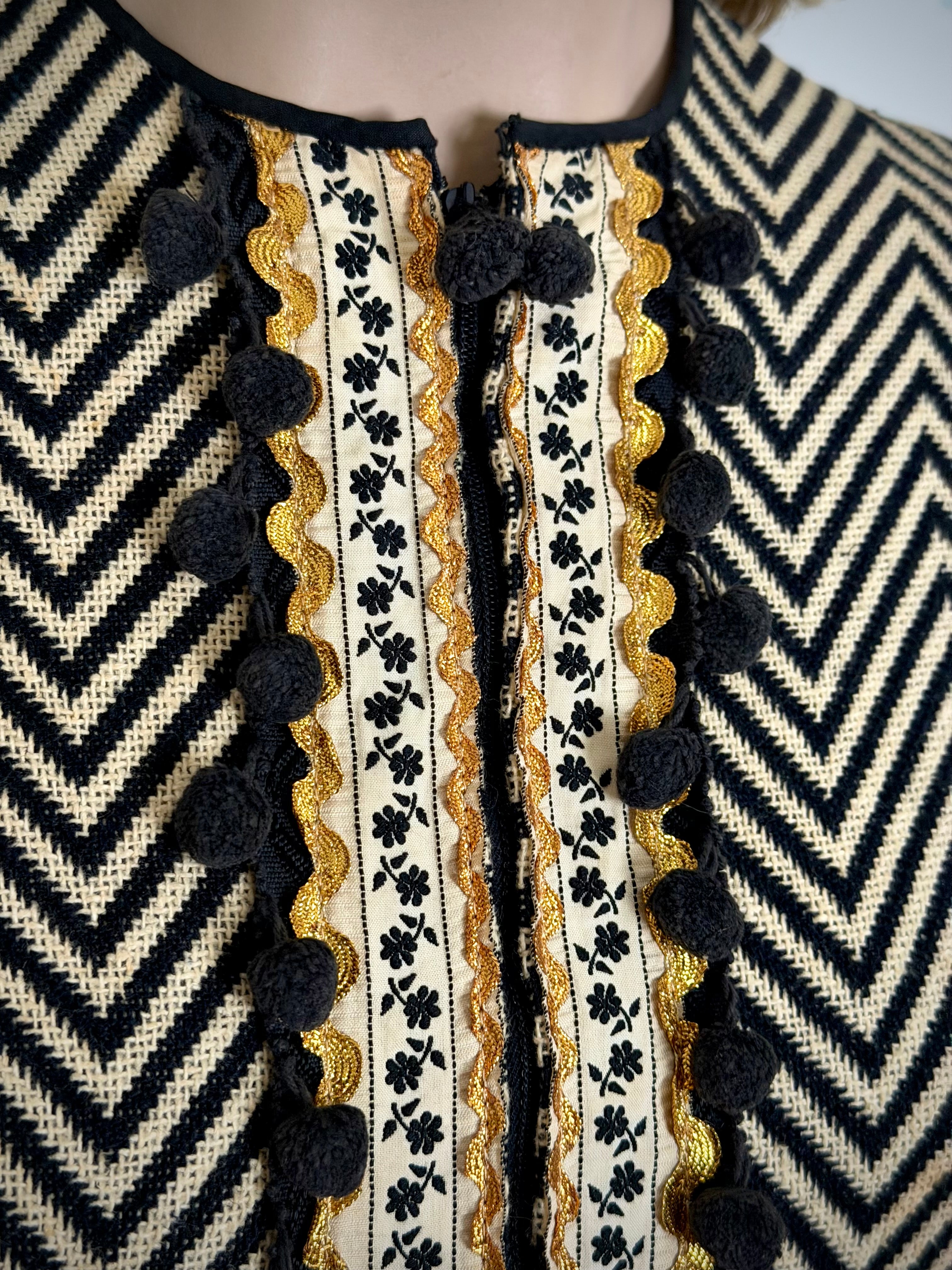 Mid-Century Chevron Weave Dress with Decorative Trim