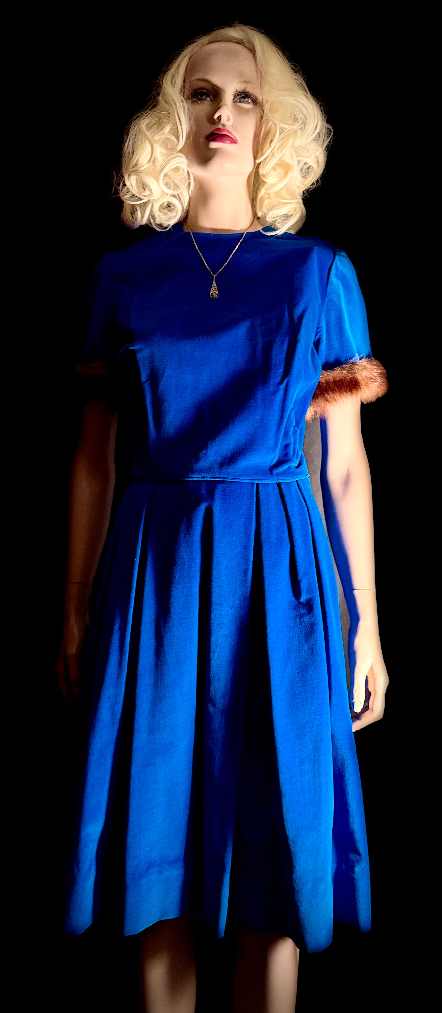 1960s Royal Blue Velvet Dress with Fur-Trimmed Sleeves