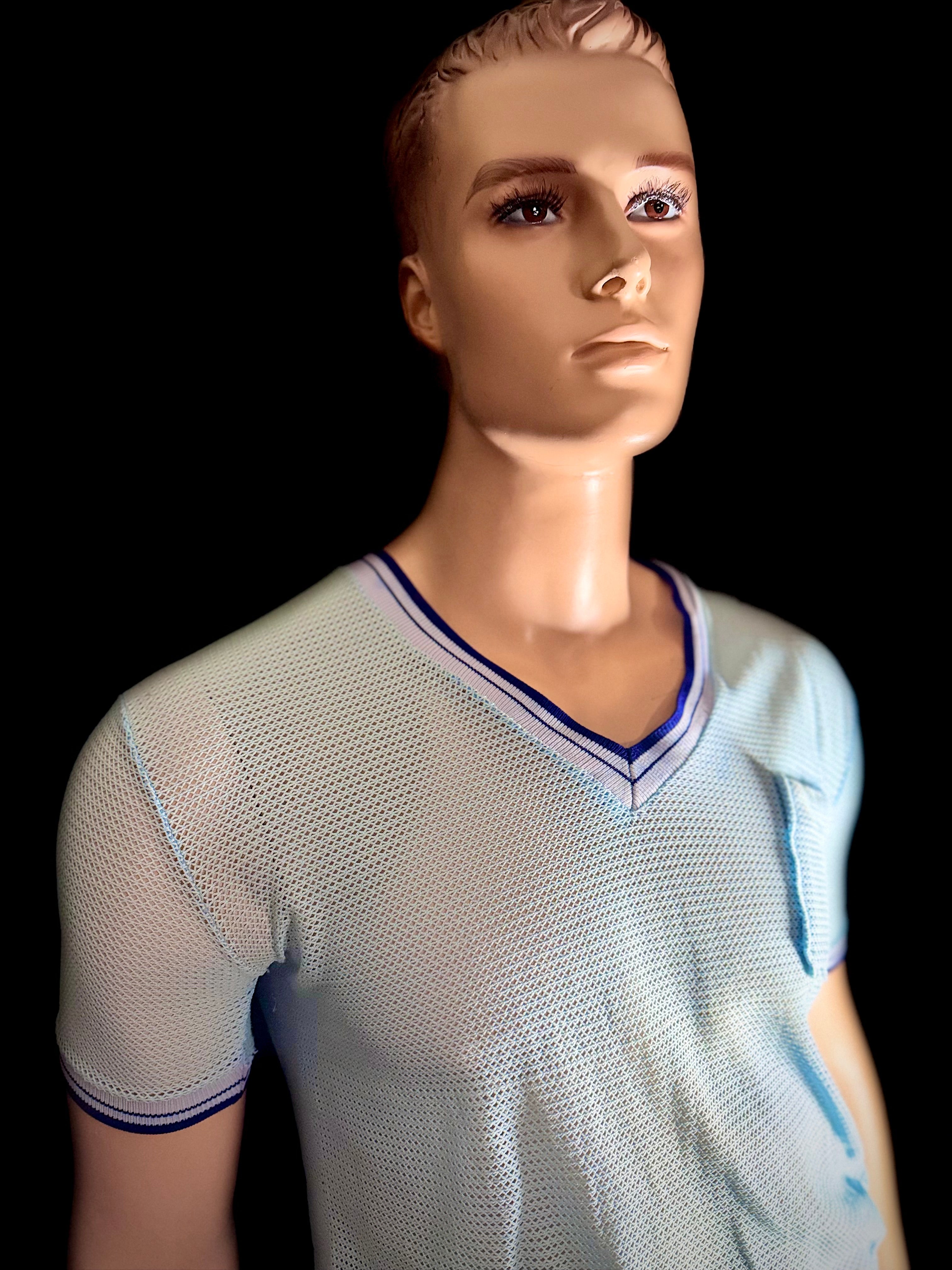 1960s Powder Blue Mesh Athletic Tee - Varsity Trim (Vintage Sportswear)