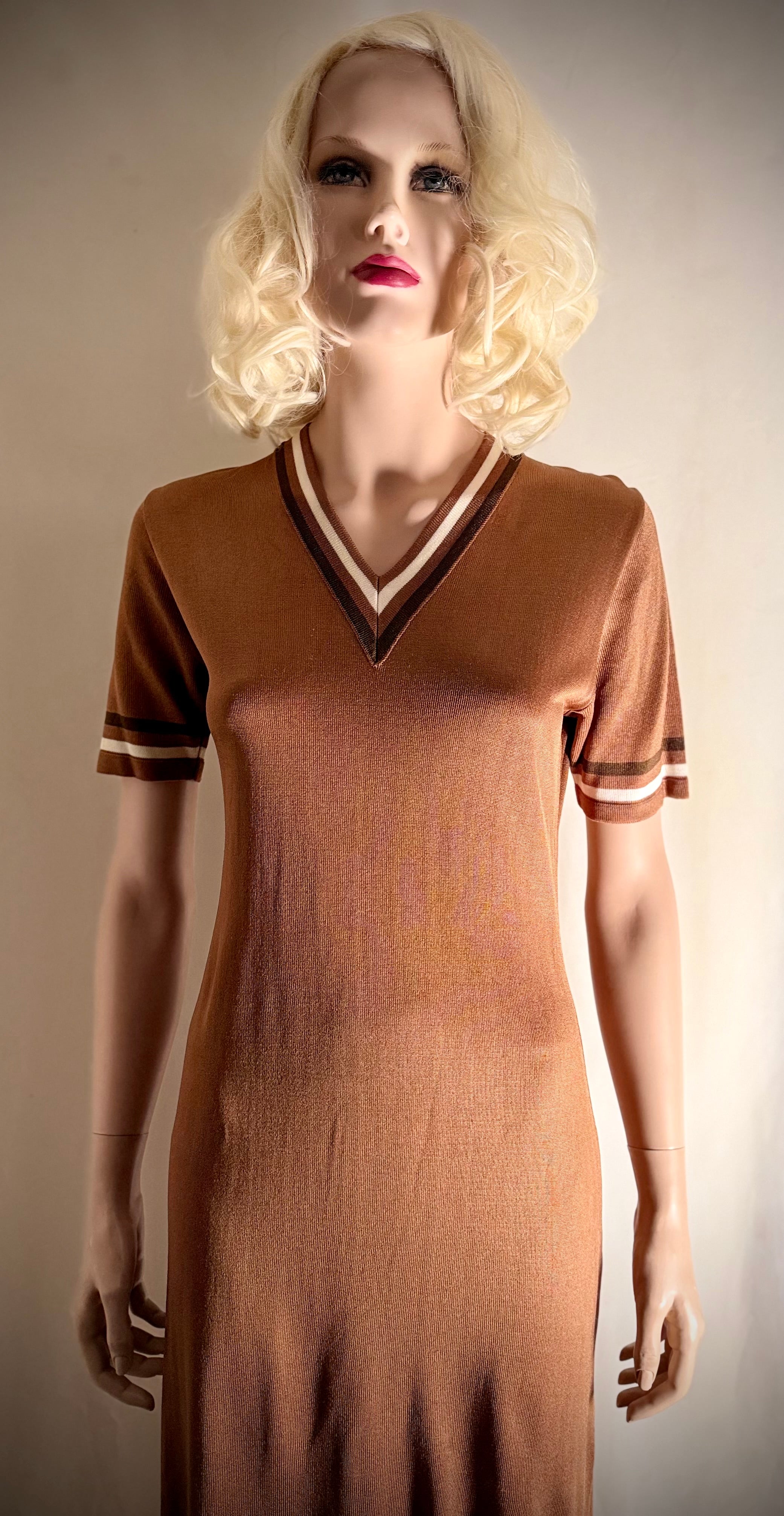 Vintage Brown Semi-Sheer Knit V-Neck Dress with Sporty Stripe Detail