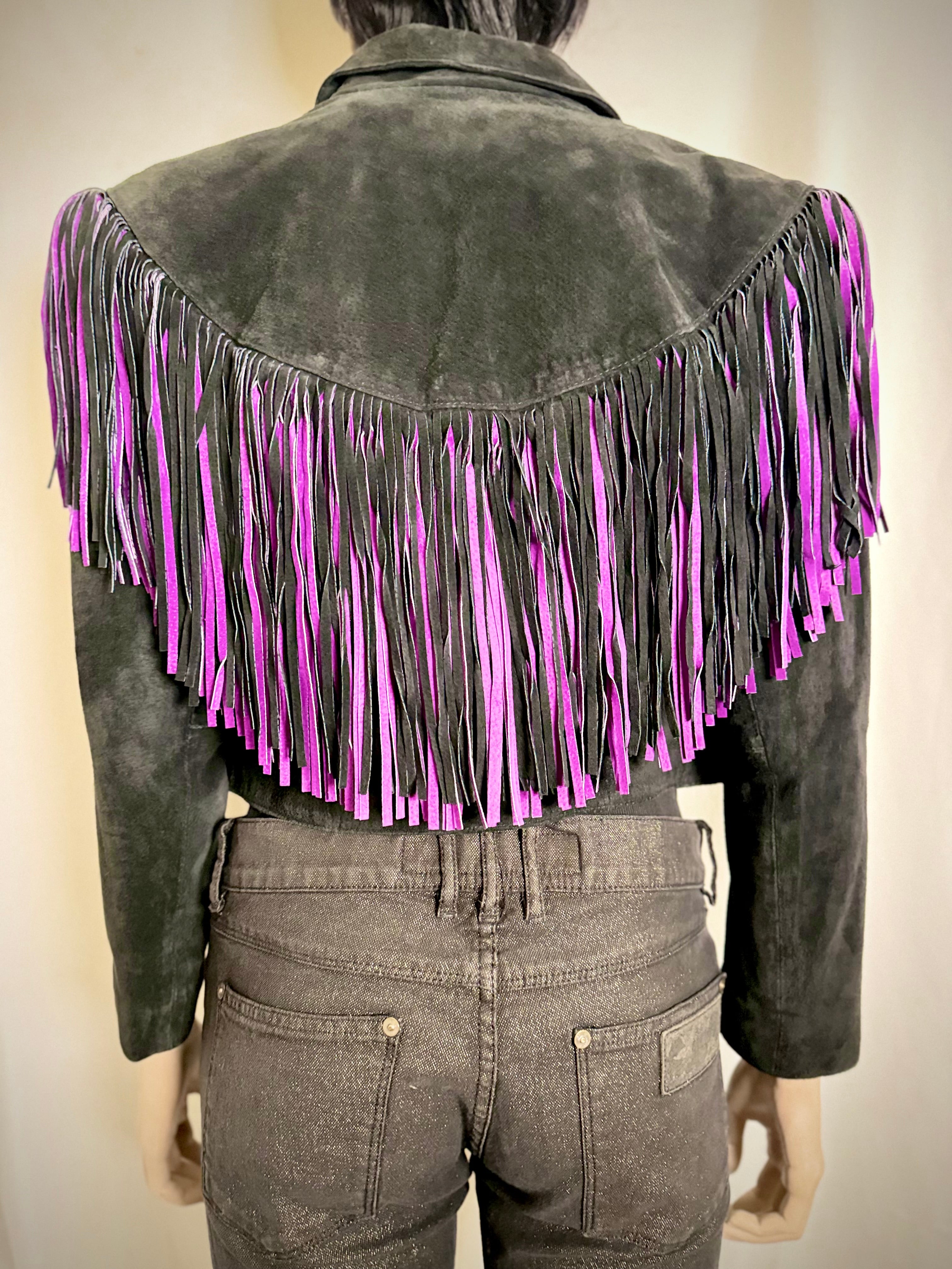 Exceptional 1980s Adler Black and Purple Suede Fringe Jacket