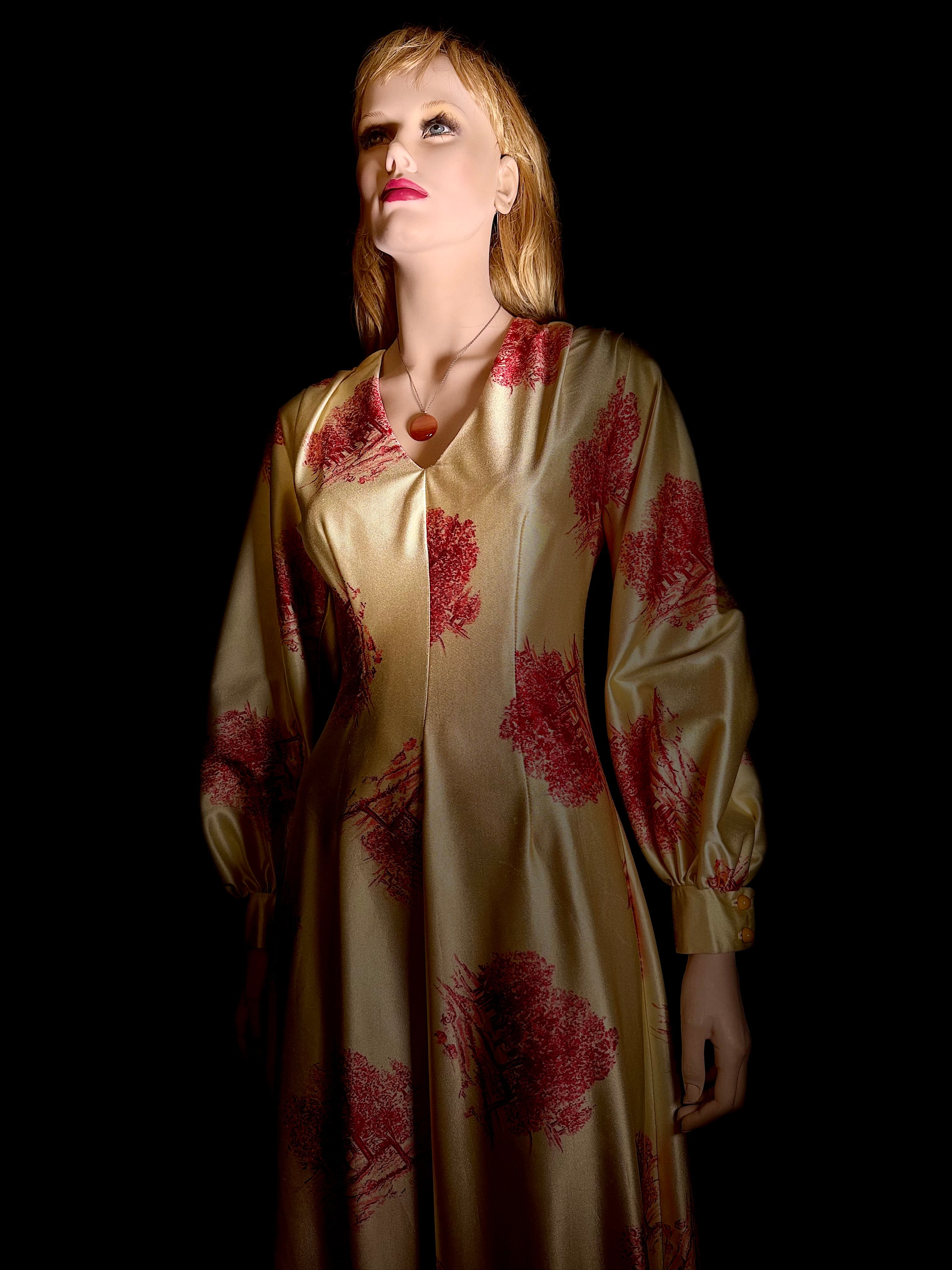 Vintage 1970s Golden Toile Evening Gown – Balloon Sleeves, Full Length