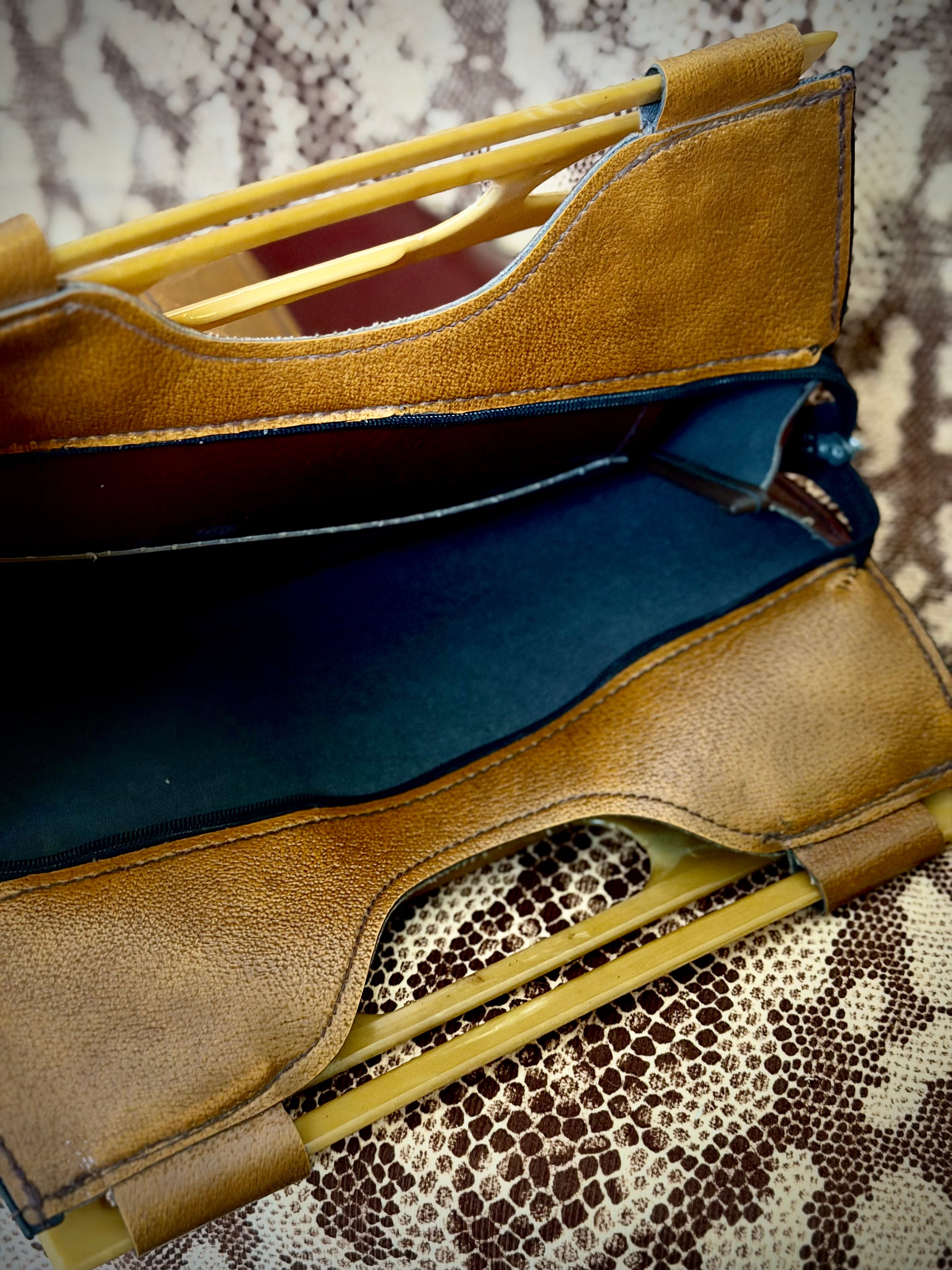 1960s-1970s Large Italian Leather Bag with Sculptural Handles- Deadstock