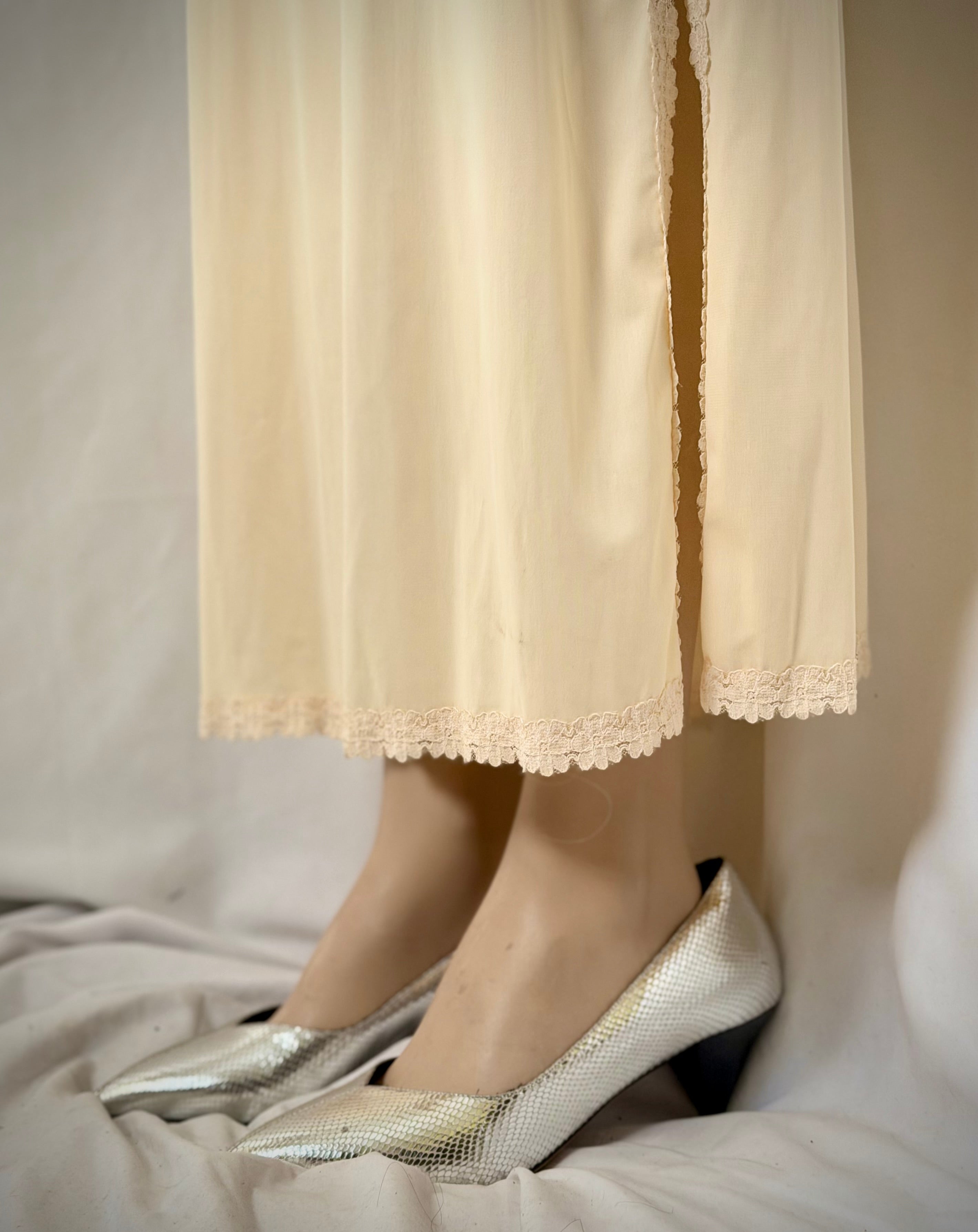 1960s Cream Nylon Slip Dress With Lace Trim