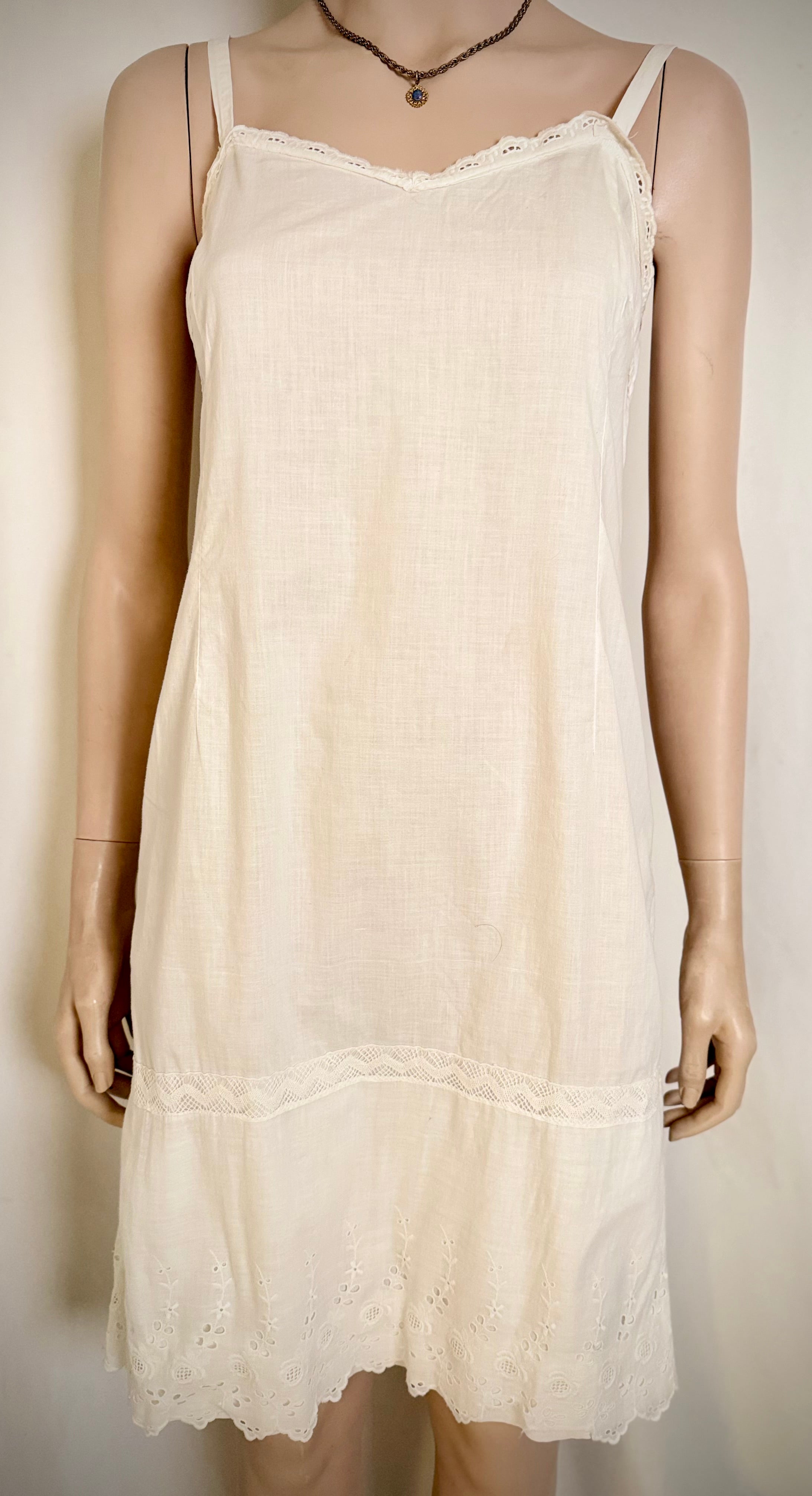 Late 1930s Hand-Made Cotton Slip - Utility Era Eyelet Trim Petticoat