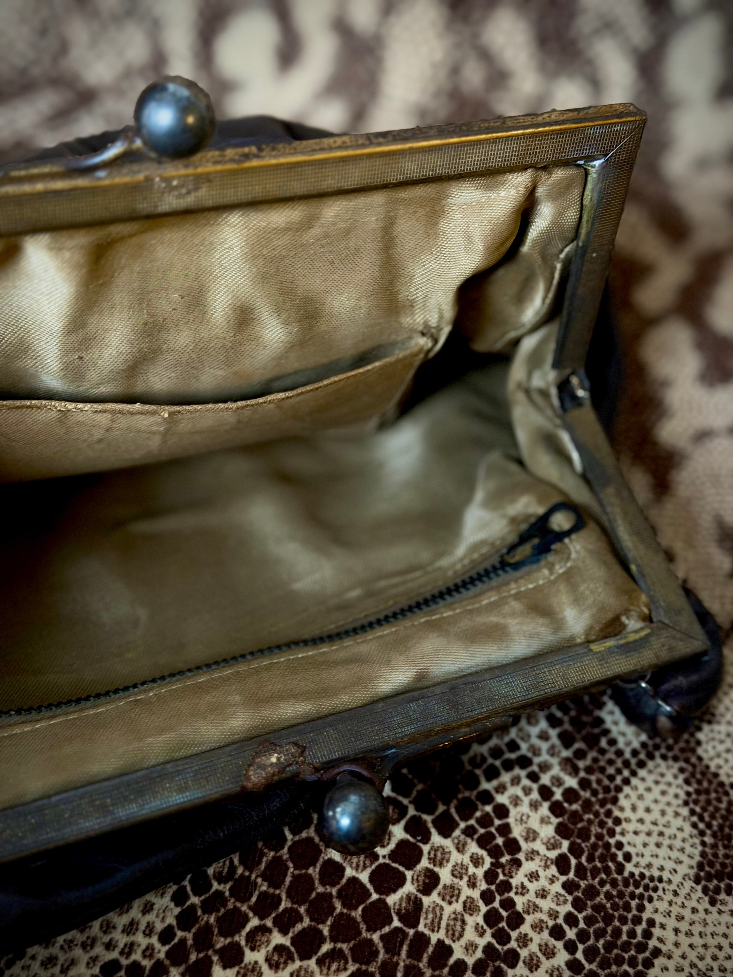 Late 1930s-1940s Leather and Reptile Skin Frame Handbag