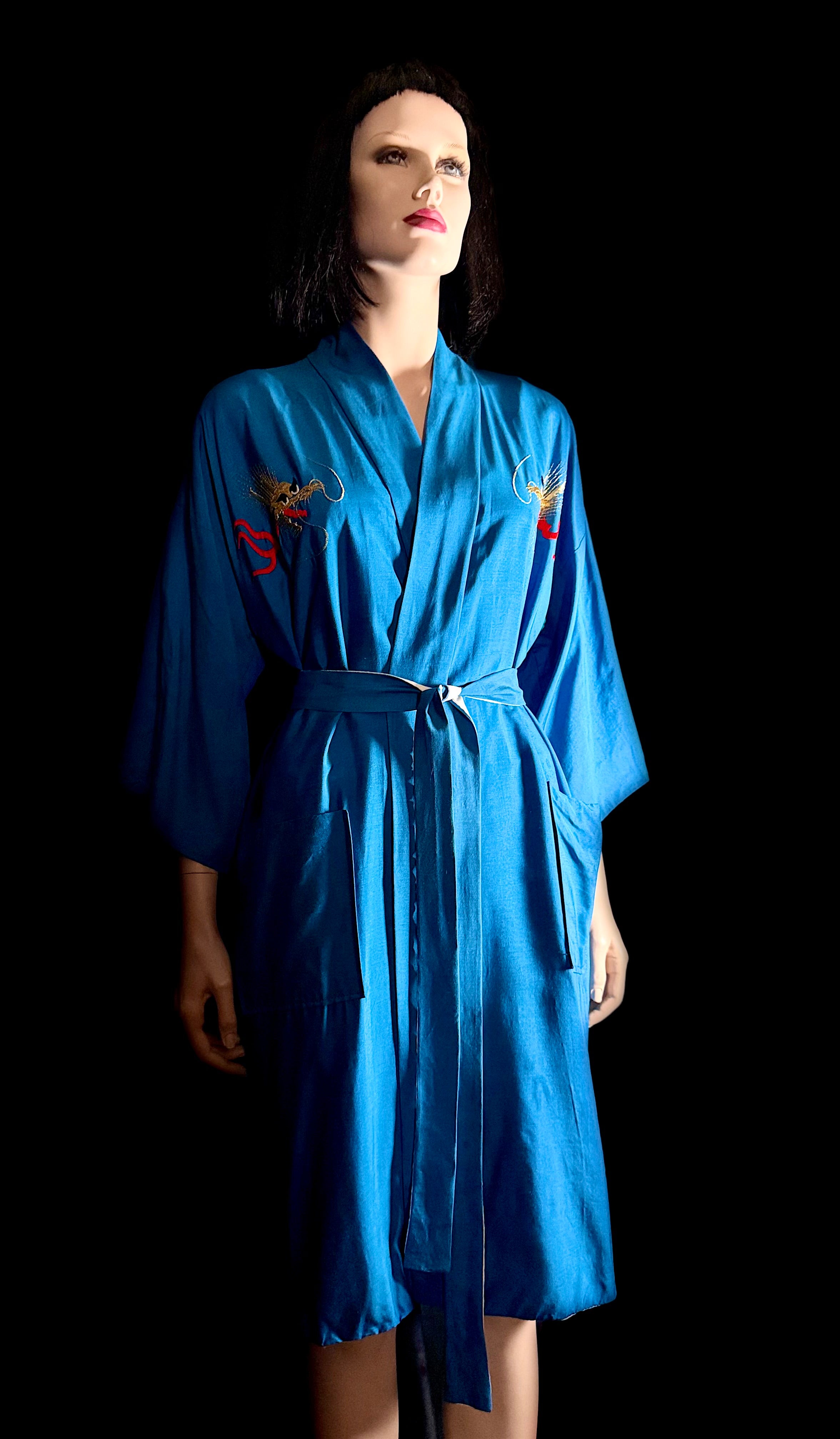 1940s Hand Embroidered Dragon Silk Smoking Robe
– Made in Japan