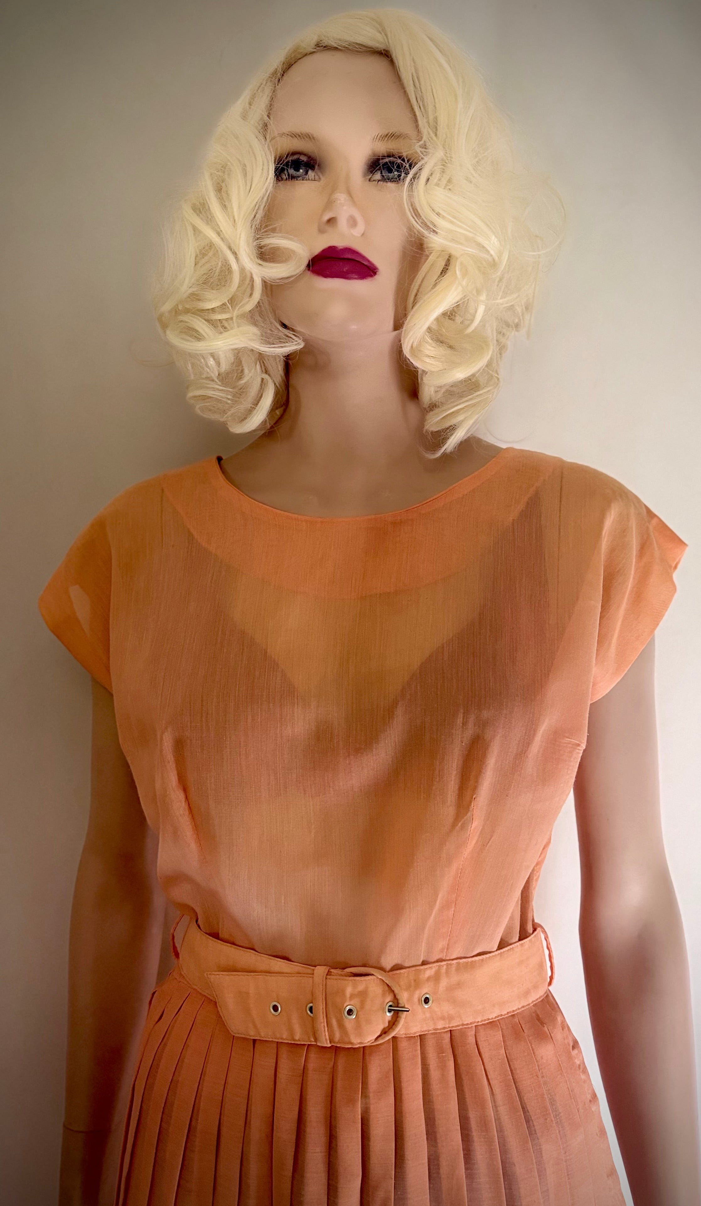 1950s Sheer Peach Knife-Pleat Dress with Original Belt
