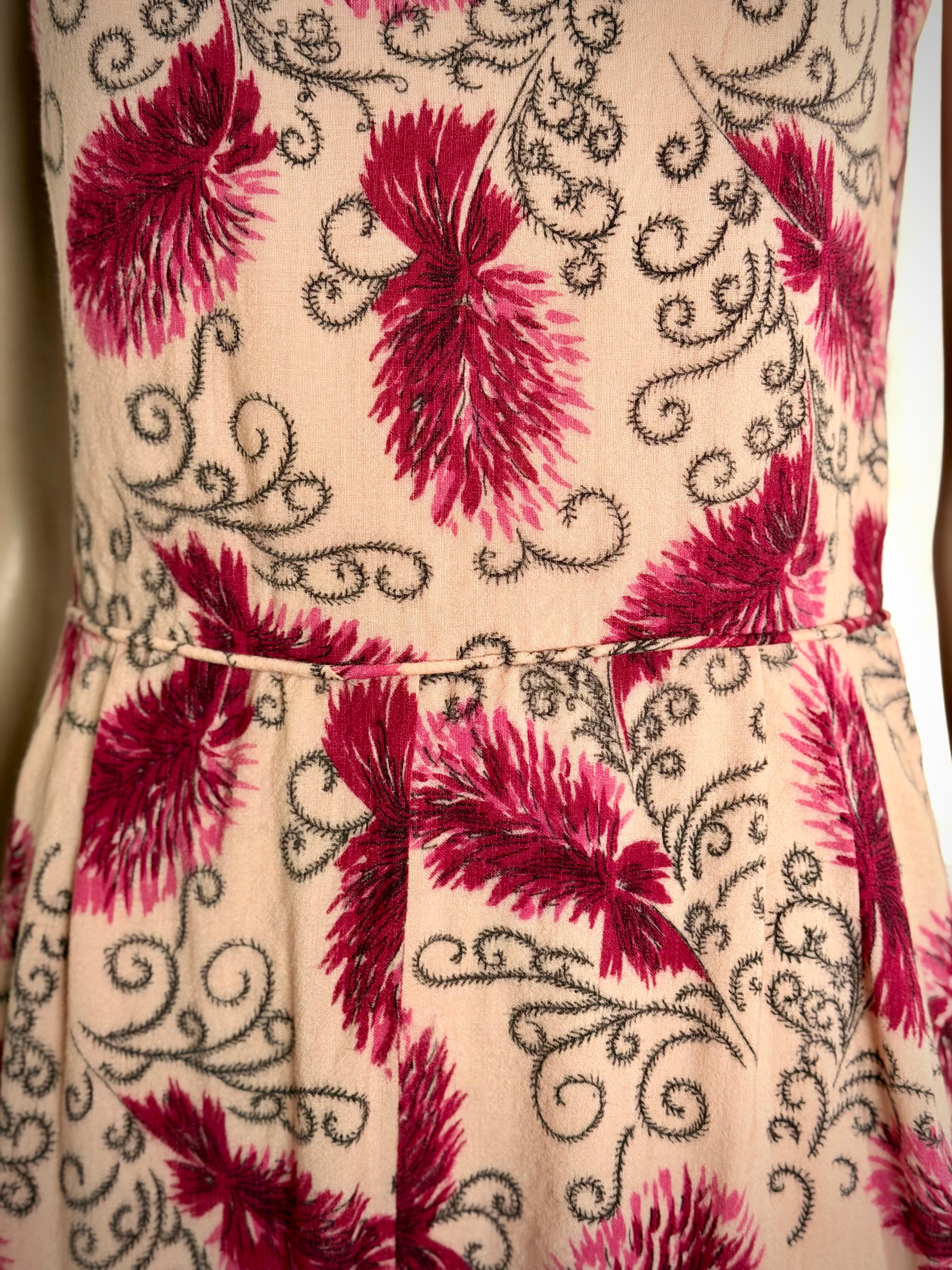 Circa 1940s Cotton Day Dress with Raspberry Print- Professionally Restored